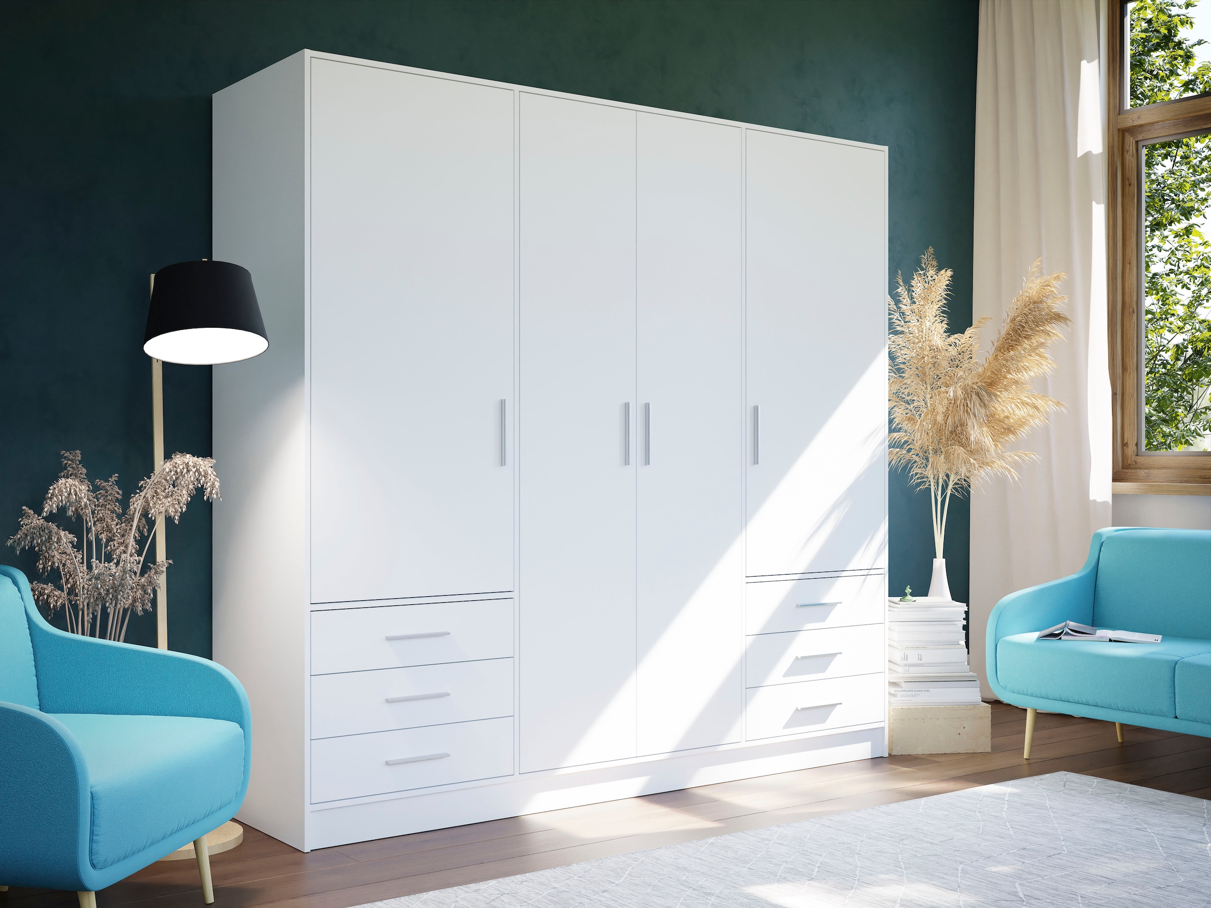 FORTE Kleiderschrank »Jupiter, Made in Europe, mit Schubladen«, (Maße (T/H): 60/200 cm), Stauraum, 2 Breiten, 4 Farben, Schubladen, variable Einlegeböden