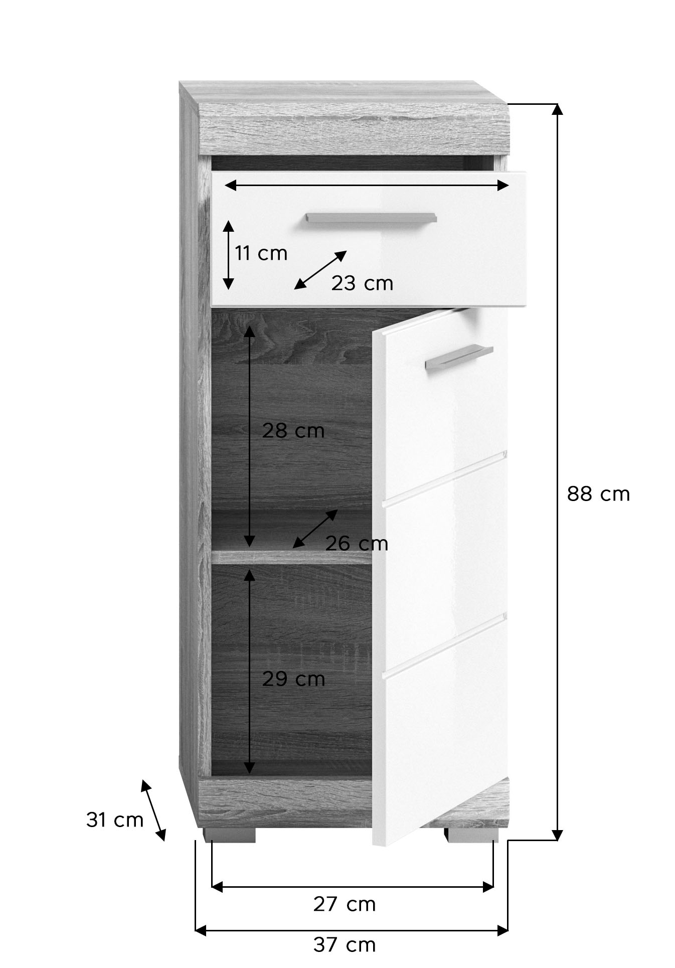 INOSIGN Unterschrank »Siena, Breite 37cm, 1 Tür, 1 Schubkasten, 2 Fächer, MDF-Front«, (1 St.), in verschiedenen Farben erhältlich, Badmöbel, Badschrank, Kommode, Bad