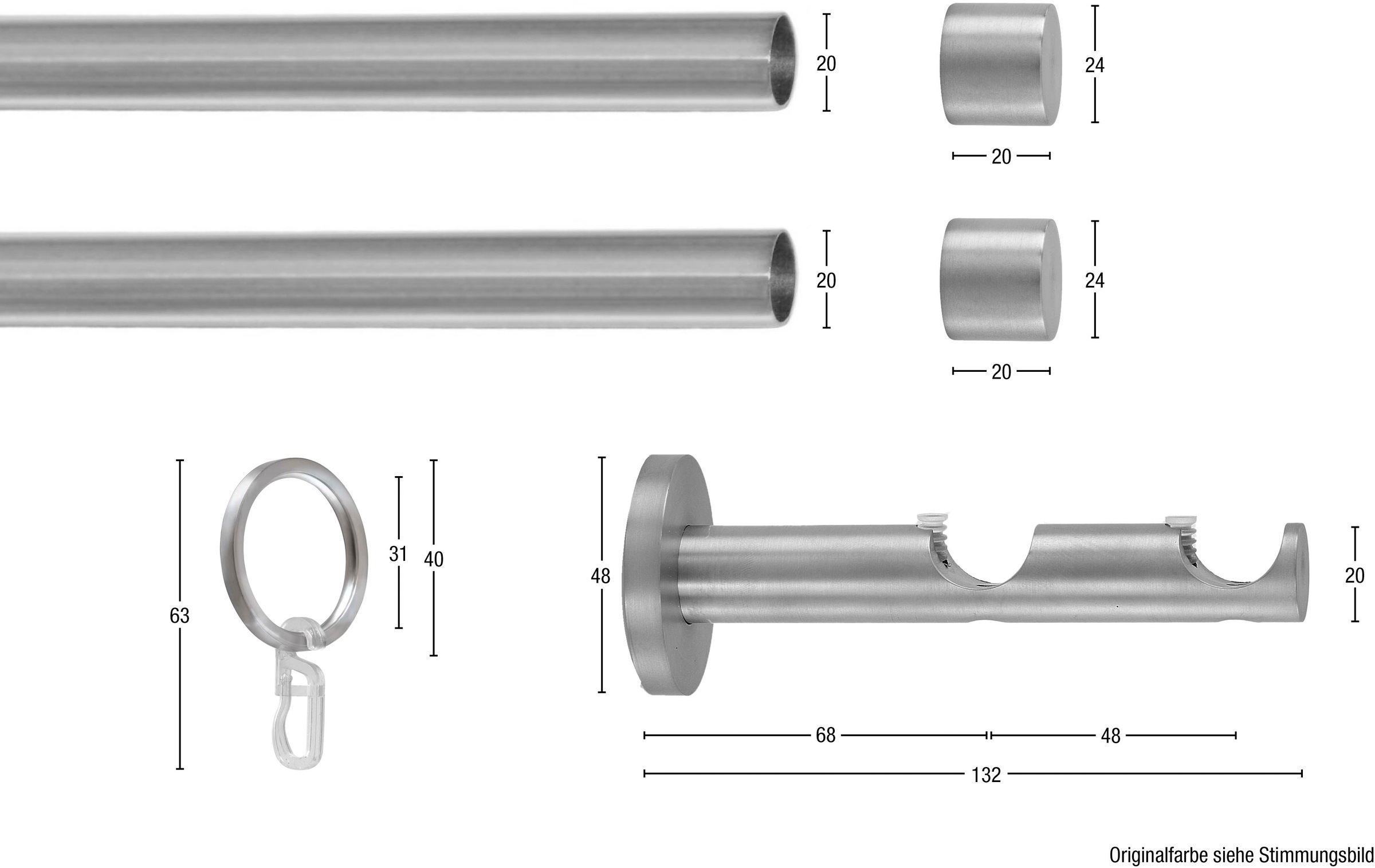 GARESA Gardinenstange »EASY« Ø 20 mm 2 läufig-läufig Wunschmaßlänge Vorhanggarnitur, verlängerbar, Wandmont., Endkappe, Alu, mit Ringe