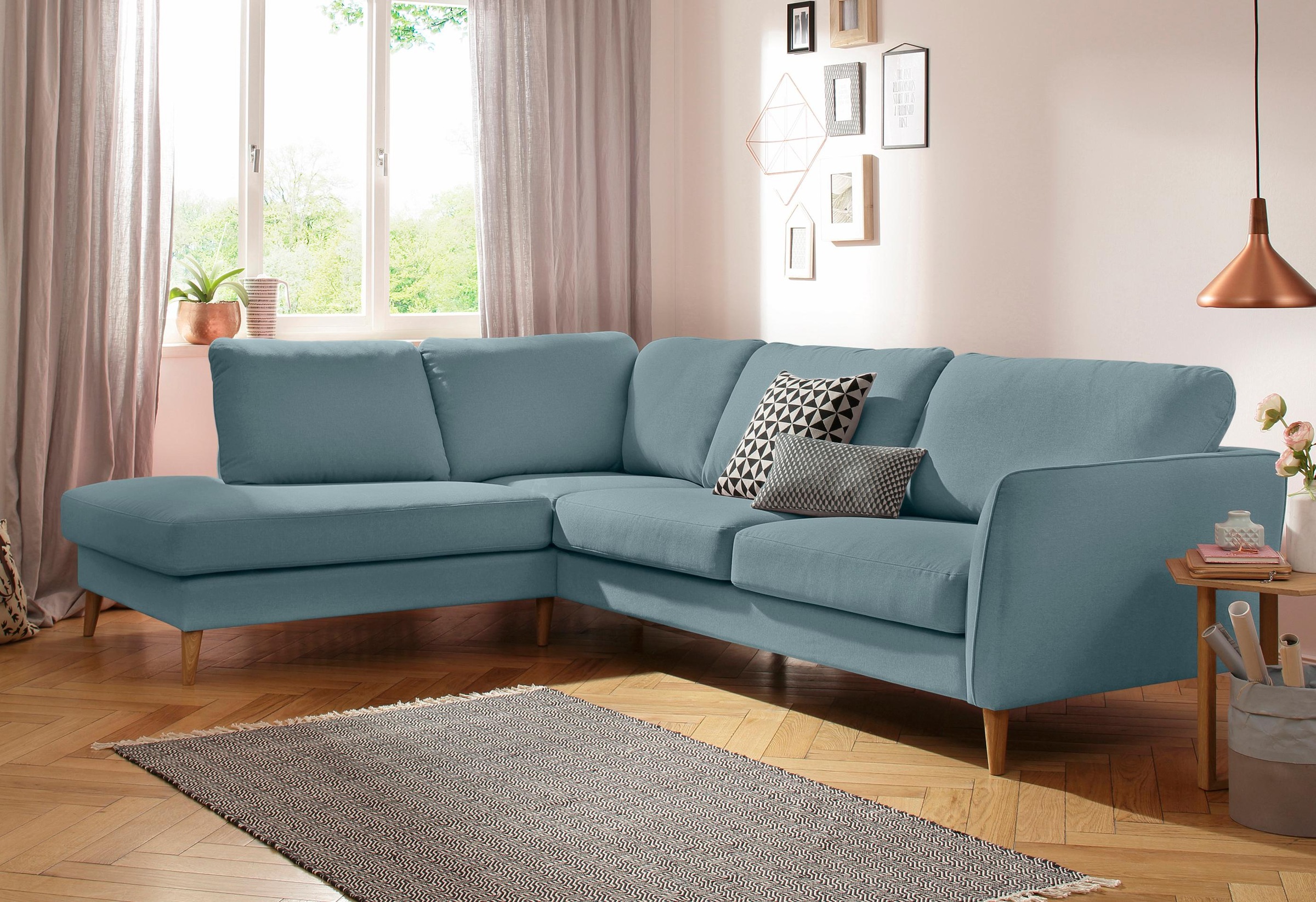 Home affaire Ecksofa »MARSEILLE 278/202 cm, L-Form, Ottom. rechts/links, verschiedene Bezüge«, Massivholzbeine Eiche, Landhausstil, Wellenunterfederung