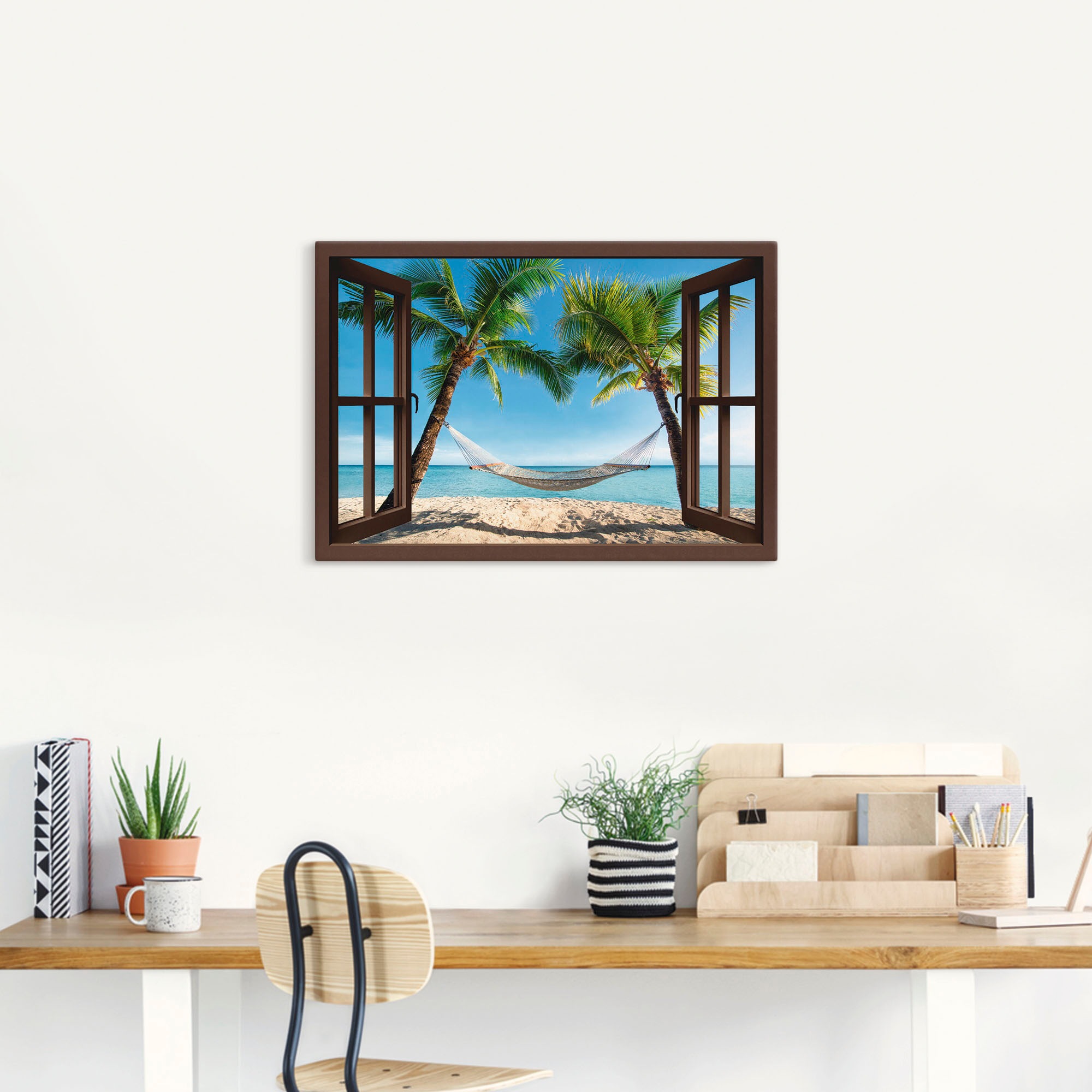 Artland Wandbild »Fensterblick Palmenstrand Karibik«, Amerika, (1 St.), als Leinwandbild, Poster, Wandaufkleber in verschied. Größen