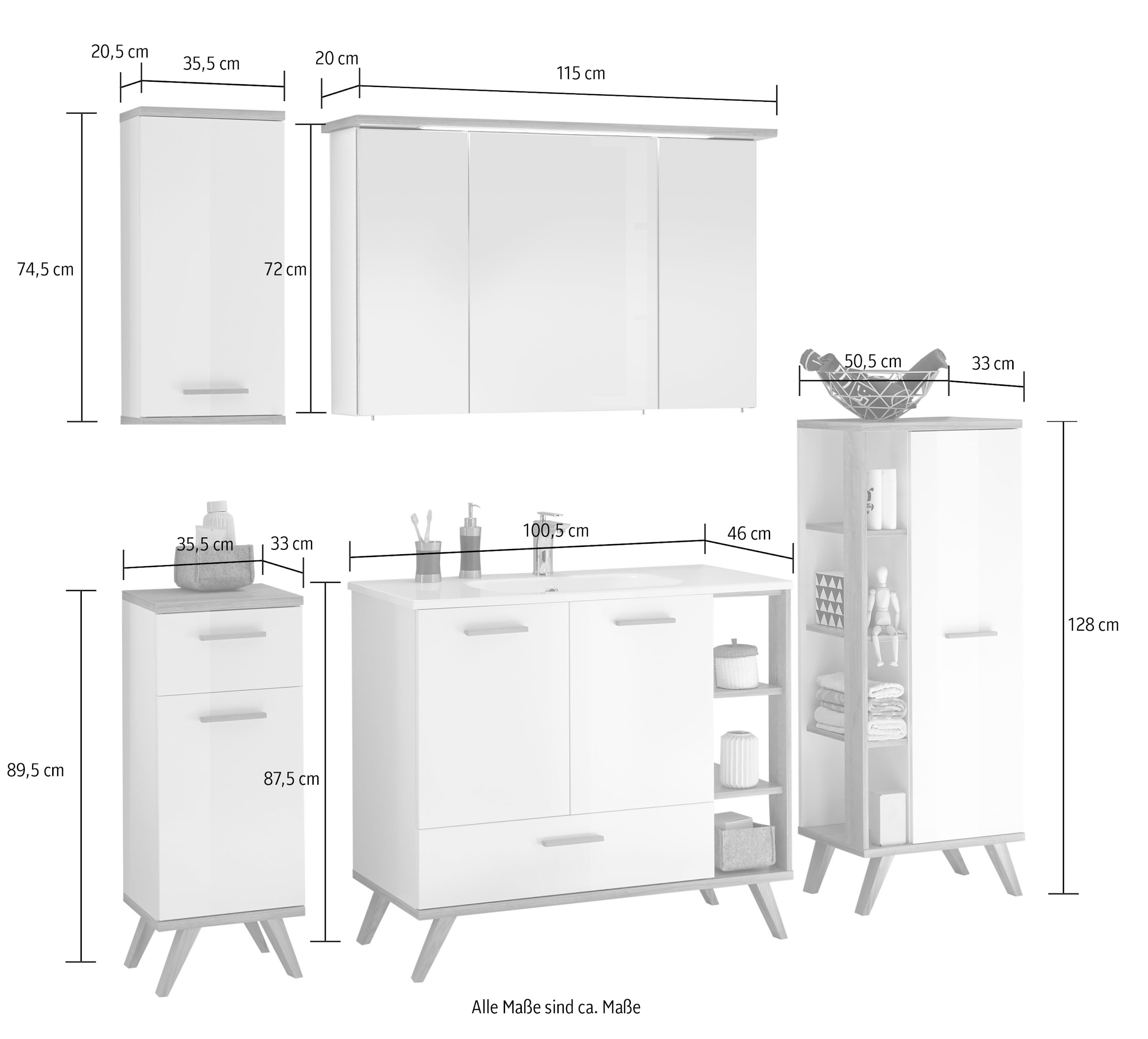 Saphir Badmöbel-Set »Quickset Mineralmarmor-Waschtisch mit LED-Spiegelschrank«, (6 St.), Unterschrank, Hängeschrank, Midischrank, 8 Türen, 2 Schubladen