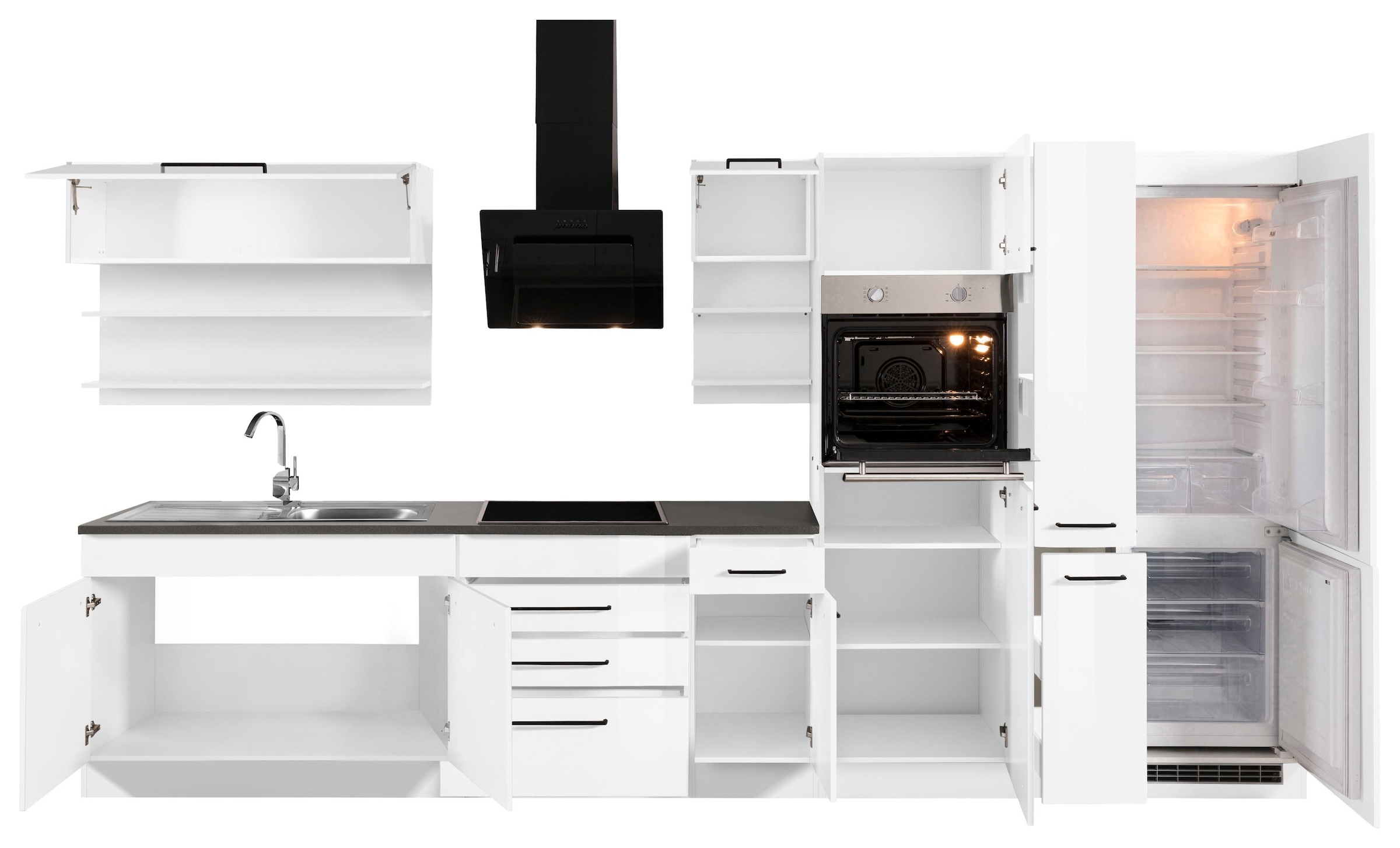 KOCHSTATION Küchenzeile »KS-Tulsa« mit E-Geräten, Breite 380 cm, schwarze Metallgriffe, MDF Fronten