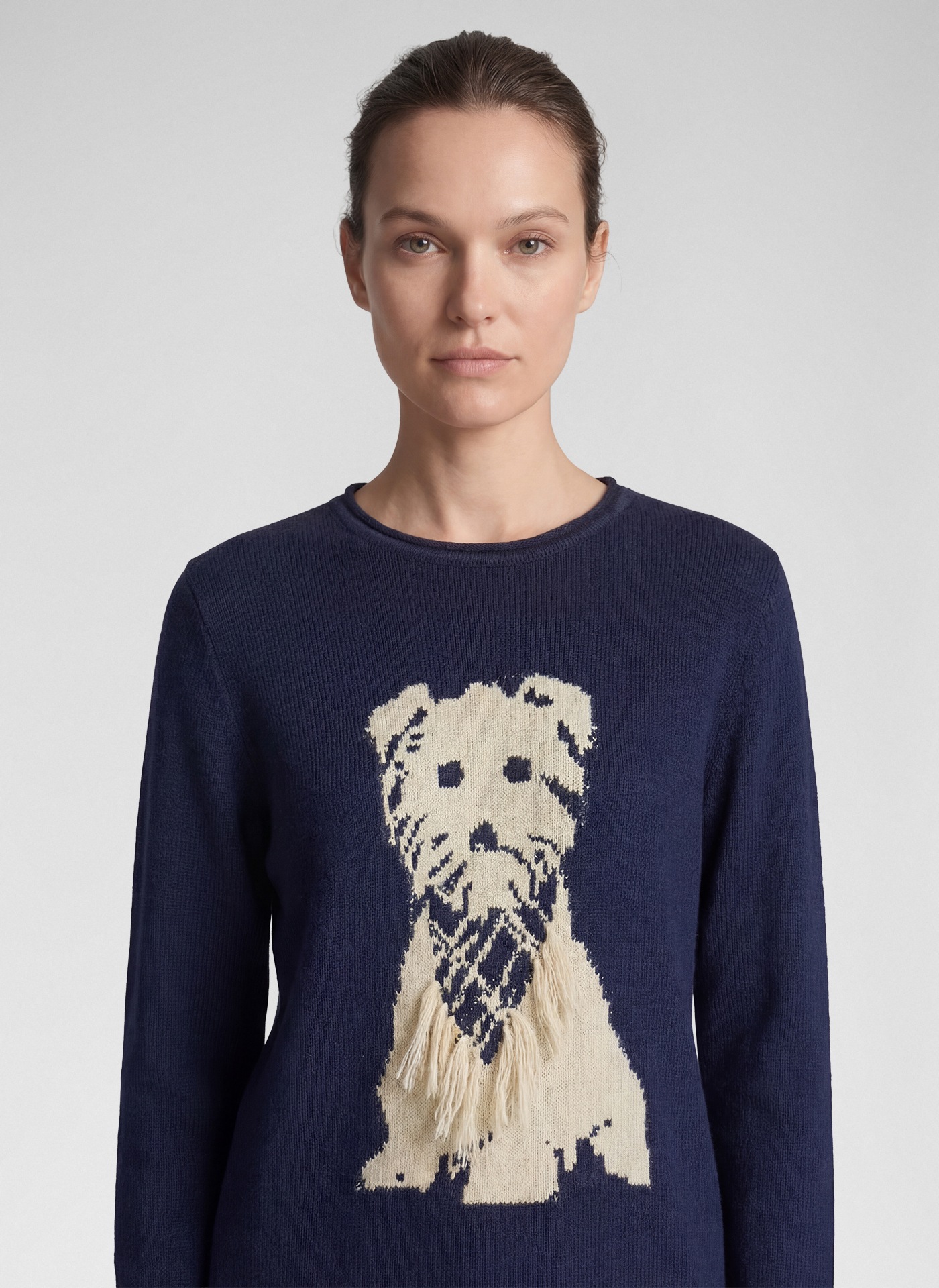 Rabe Strickpullover mit Hunde-Motiv und Fransen