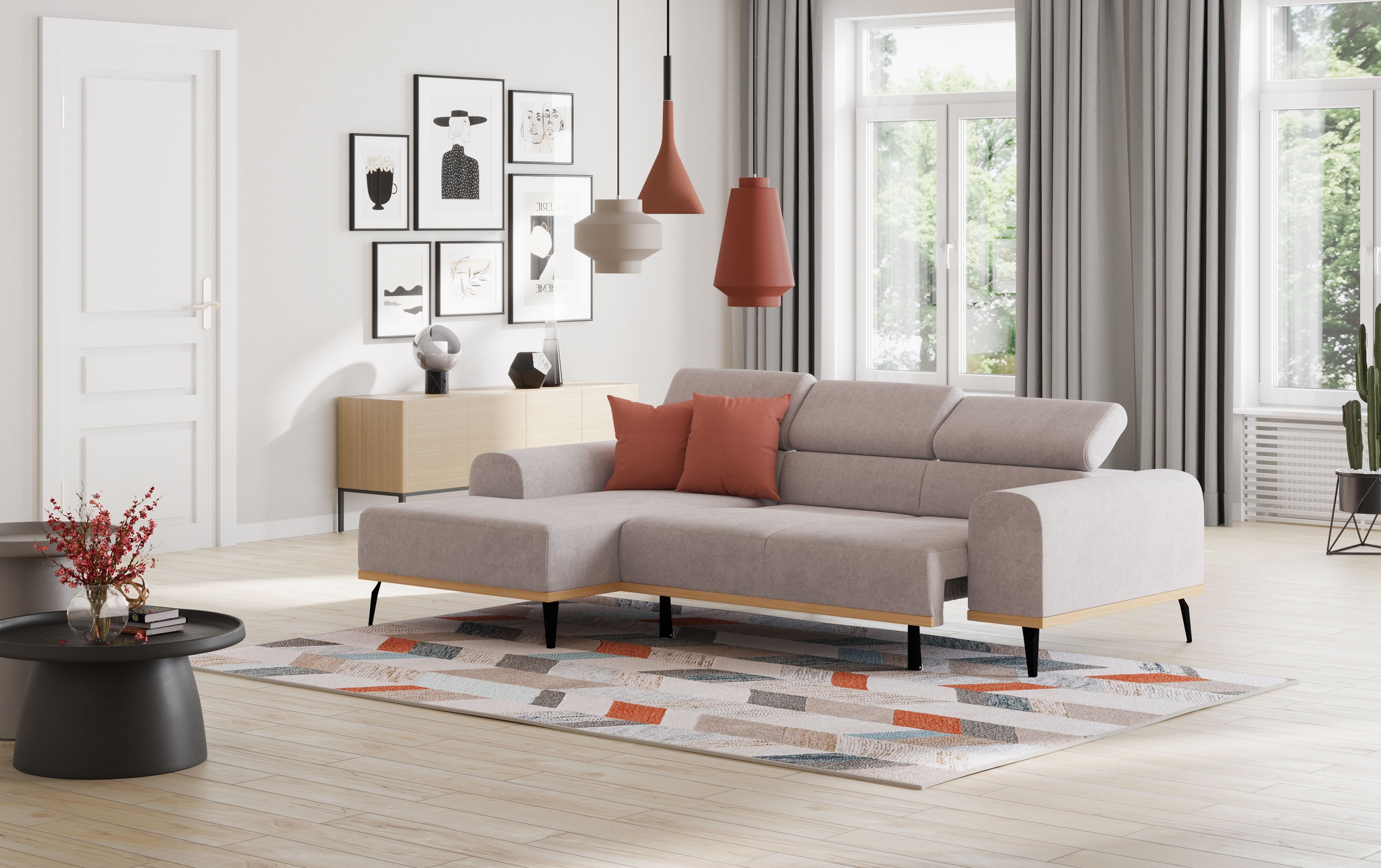 Places of Style Ecksofa »Carlo L-Form«, mit Kopfteilverstellung & Holz-Rahmenoptik, wahlweise Relaxfunktion