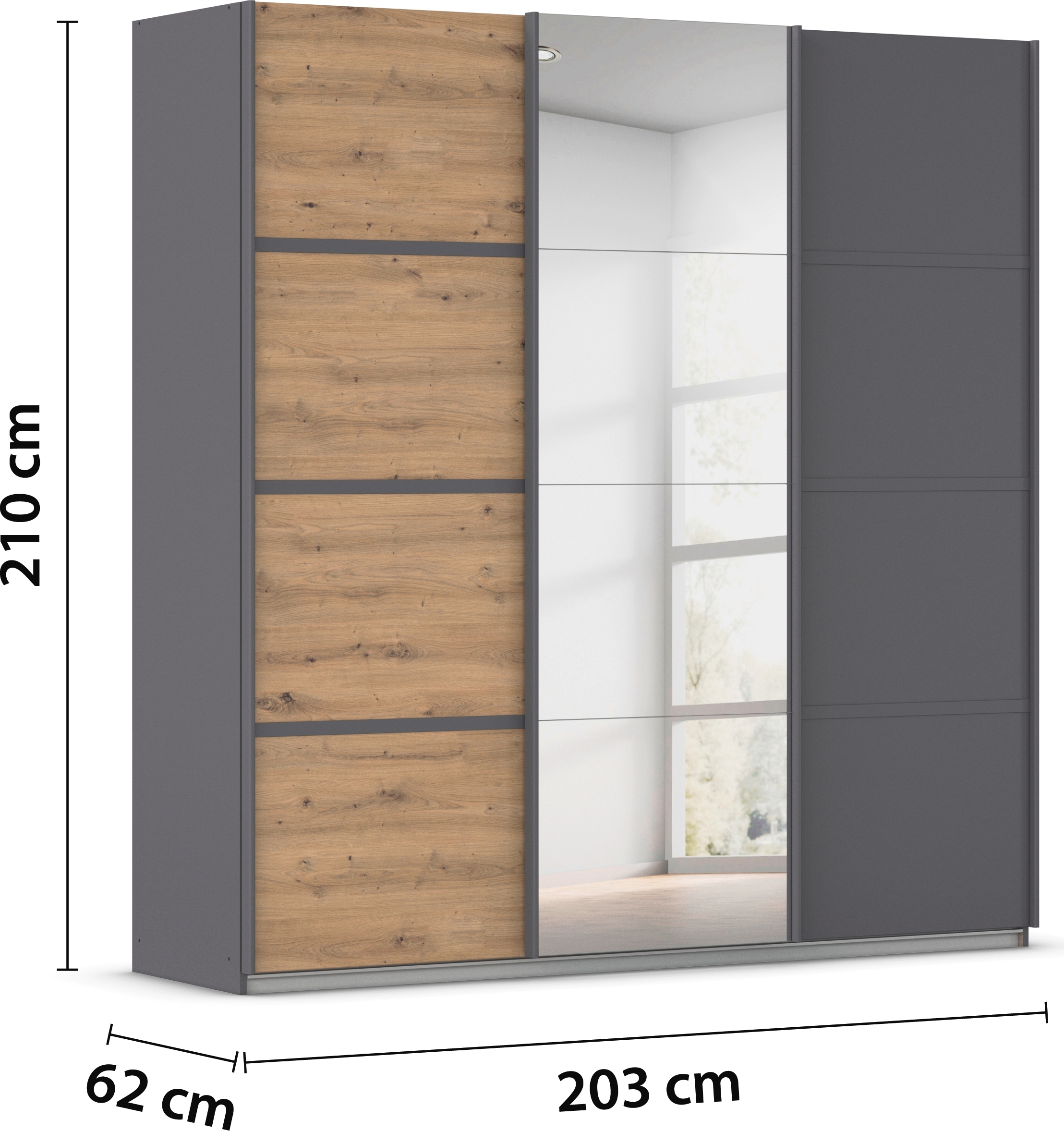 rauch Kleiderschrank »Schwebetürenschrank OTTO´s Choice Garderobe Schrank TOP ANGEBOT Avola«, (in 3 verschiedenen Ausstattungen BASIC/CLASSIC/PREMIUM inkl. Spiegel), mit eleganten Zierleisten in Chrom, Schwarz oder Weiß MADE IN GERMANY