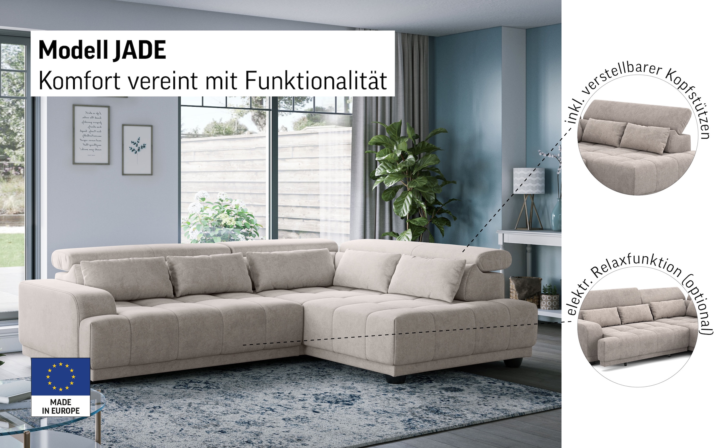 COTTA Ecksofa »Jade L Form, Breite: 270 cm, mit Kopfteilverstellung & Nierenkissen« optional elektr. Sitztiefenverstellung
