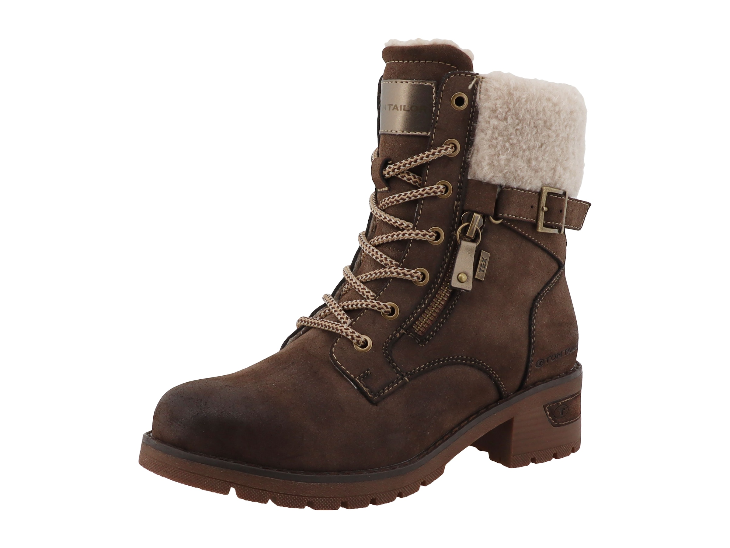TOM TAILOR Winterstiefelette  Blockabsatz, Winterboots, Schnürboots mit Fellimitat am Schaftrand