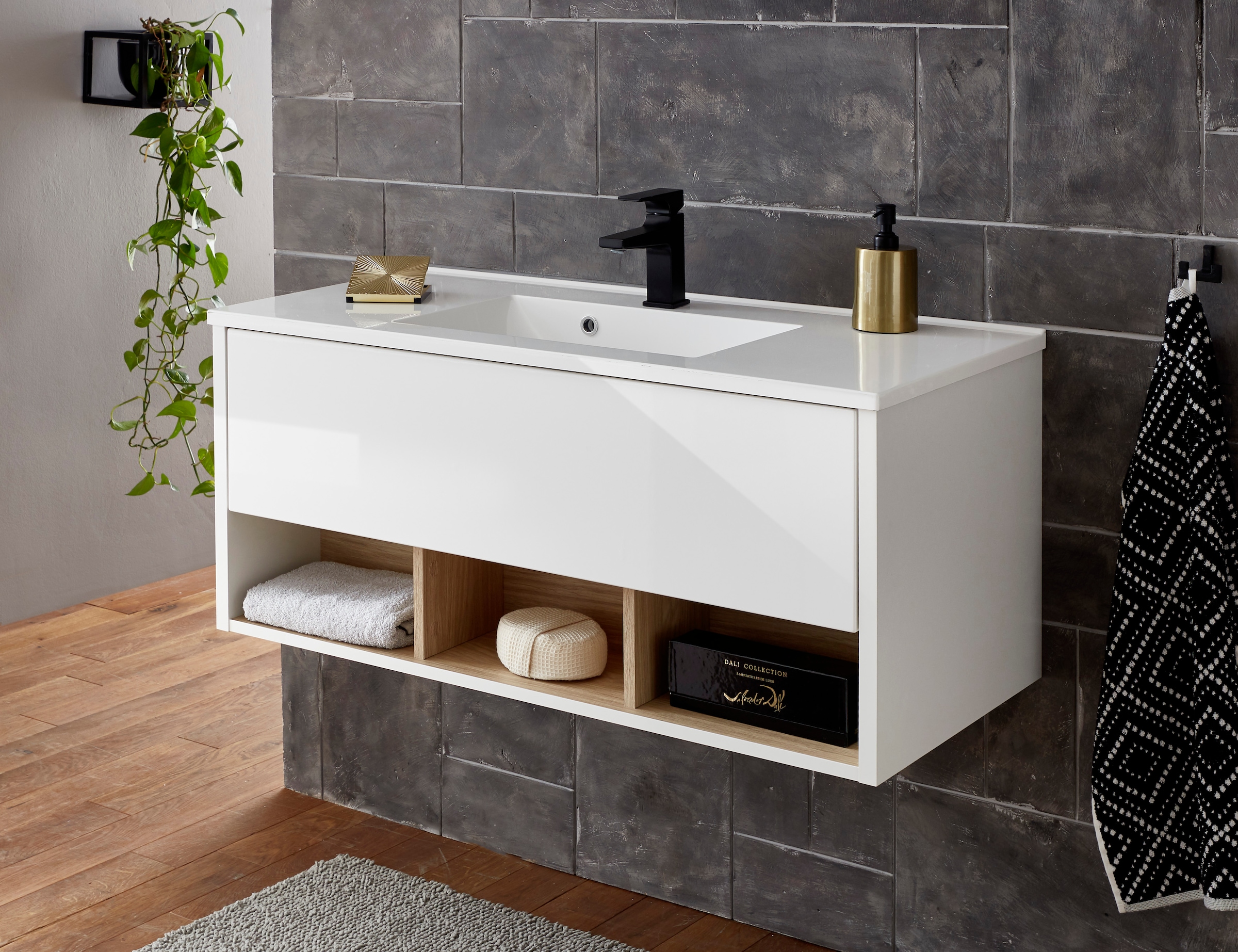 PLACES OF STYLE Badmöbel-Set »Studio Line, Bad im modernen Design, 2-teiliges Badezimmer« in 2 Farben und 2 Spiegelformen lieferbar, 2 Stk. tlg.