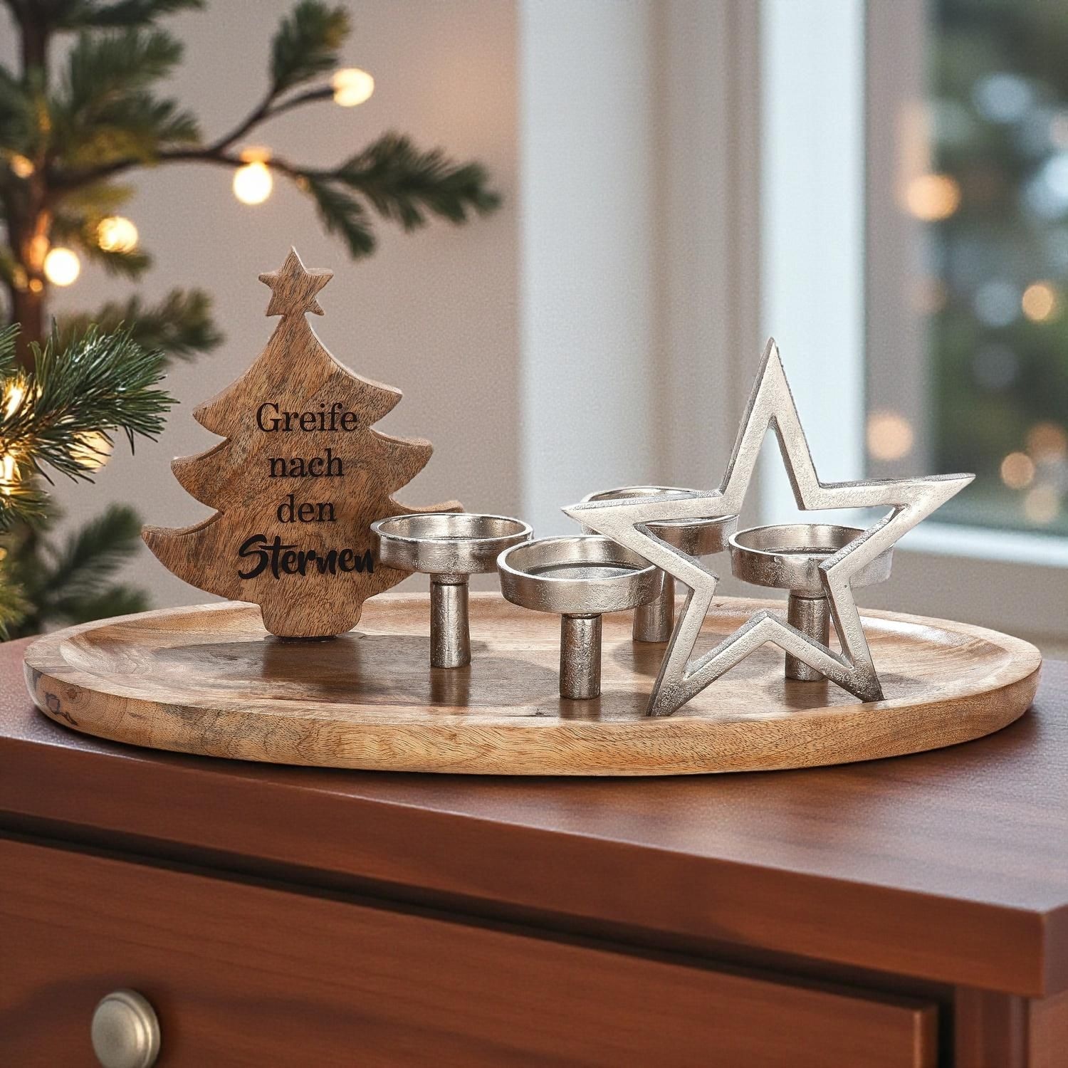 GILDE Kerzentablett »Adventsleuchter Sternmotiv, naturfarben, silberfarben«