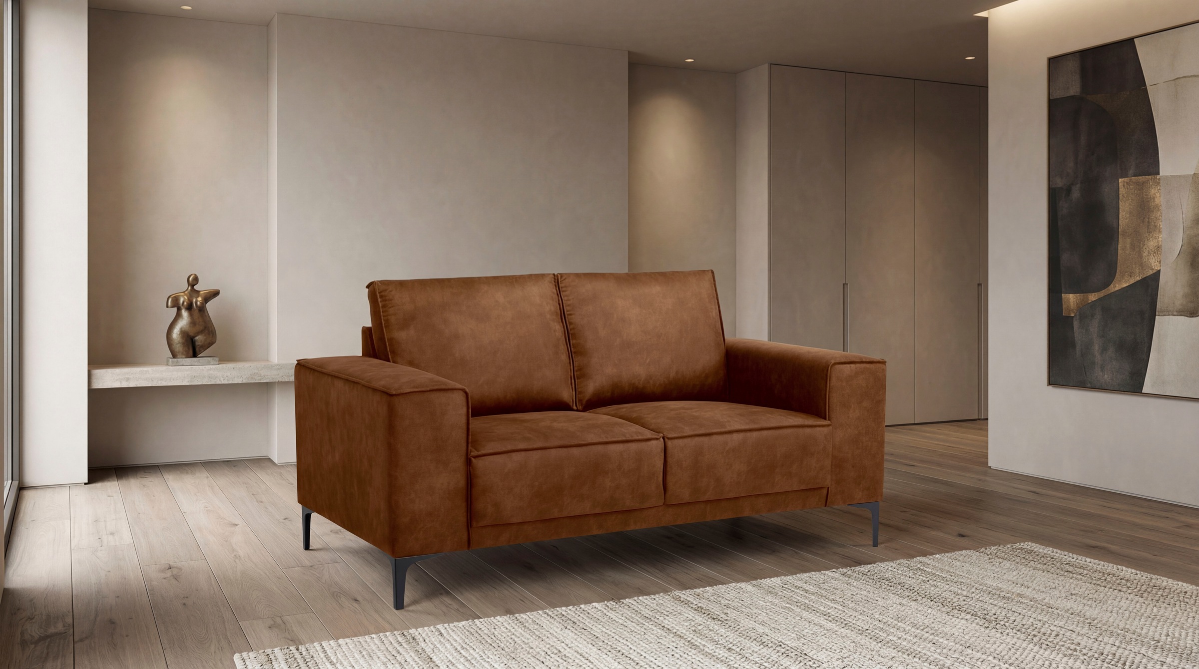 OTTO home 2-Sitzer »Kompaktsofa Oland, Struktur, Flachgewebe, Luxus-Microfaser, Boucle« 164 cm, Wellenunterfederung, Skandi-Design, Metallfüße