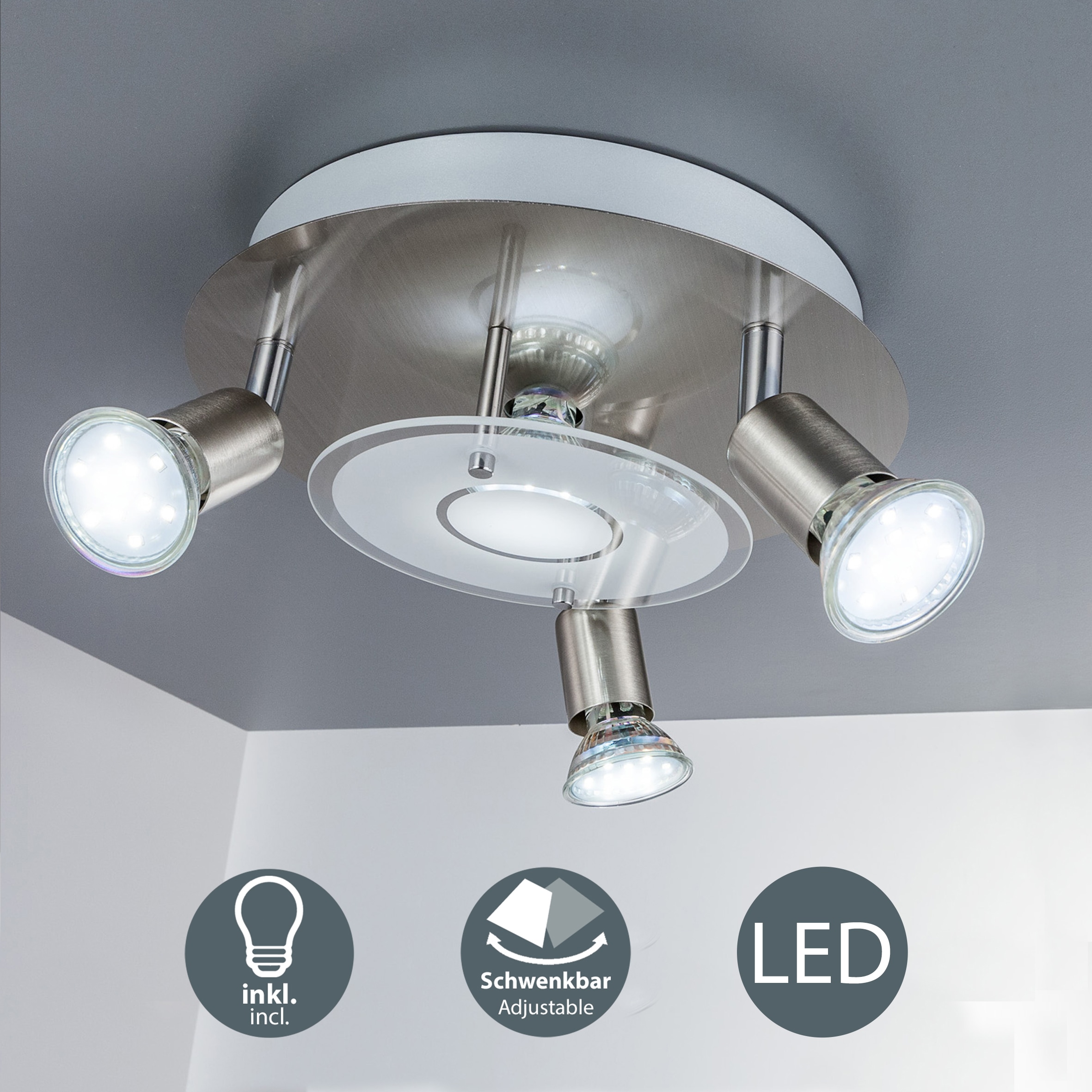 B.K.Licht LED Deckenstrahler, 4 flammig, Leuchtmittel GU10 | Leuchtmittel wechselbar, LED Deckenleuchte, rund, Metall, Glas, Strahler, GU10, inkl. 3W 250lm