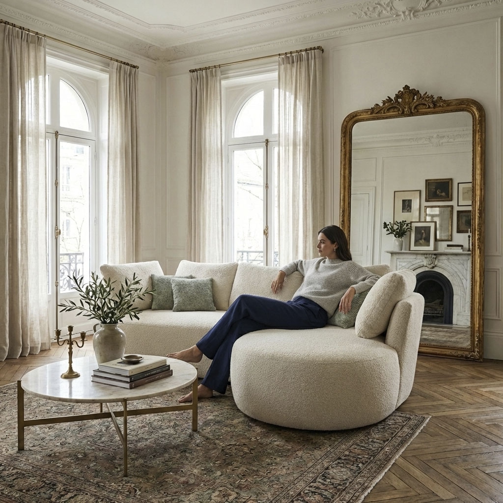 DOMO collection Ecksofa »Lumin, B/T: 267/170 cm, abgerunde Form, charmantes Design, cozy chic« Mit Federkern und 5 Rückenkissen ausgestattet
