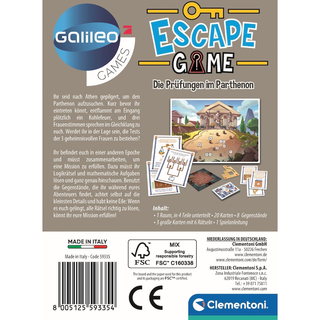 Clementoni® Spiel »Galileo, Escape Game Die Prüfungen im Parthenon«