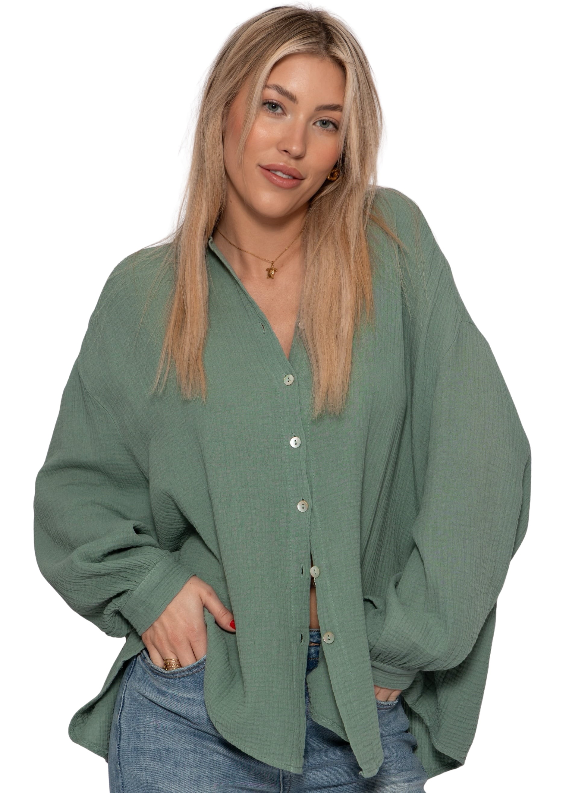 SASSYCLASSY Blusentop »Musselin Blusen Set« Gemütliche Baumwollblusen mit Perlmuttknöpfen Hellgrün-Hellbeige