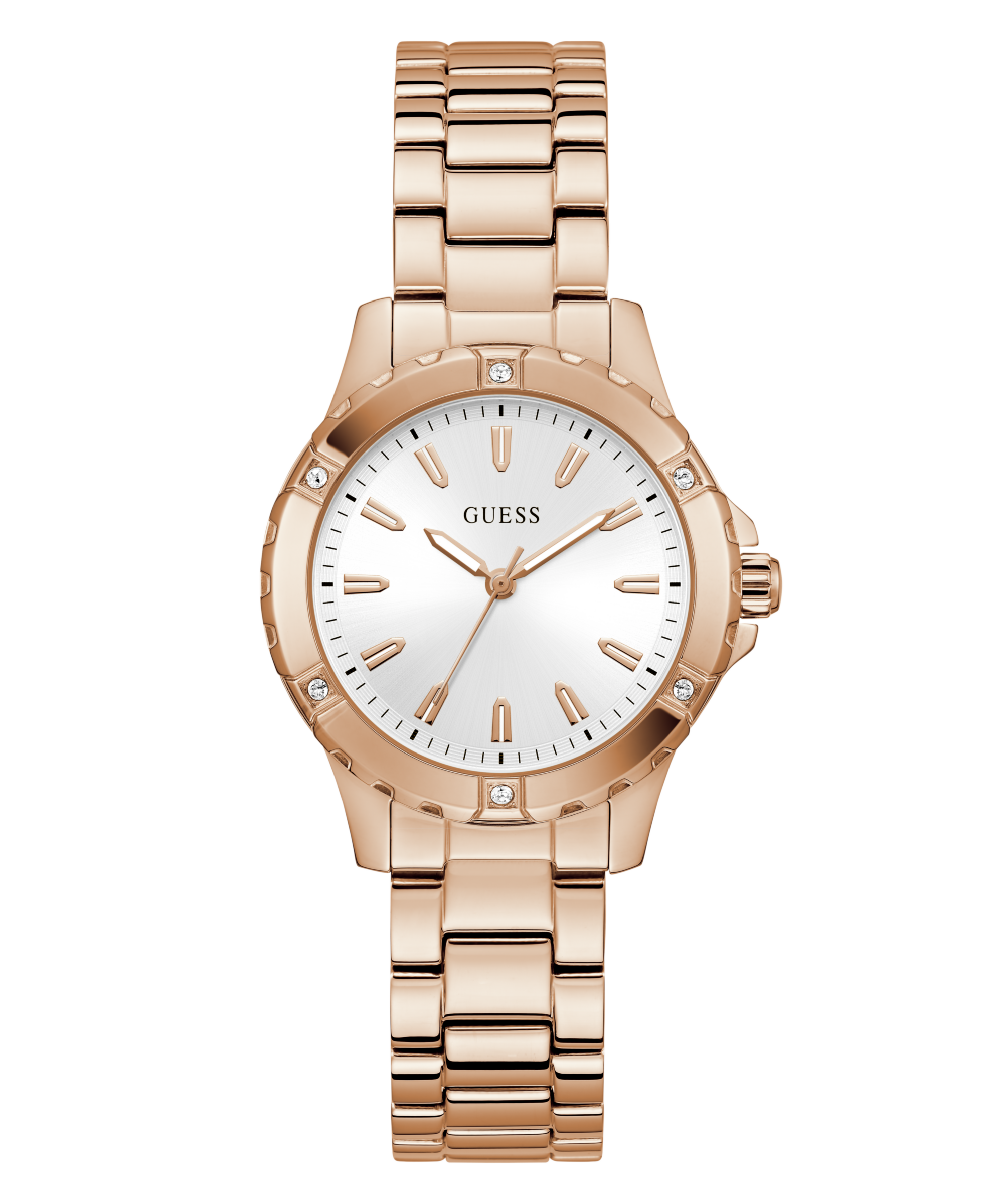 Guess Quarzuhr »MIST« Armbanduhr, Damenuhr, Edelstahlarmband, Kristallsteine