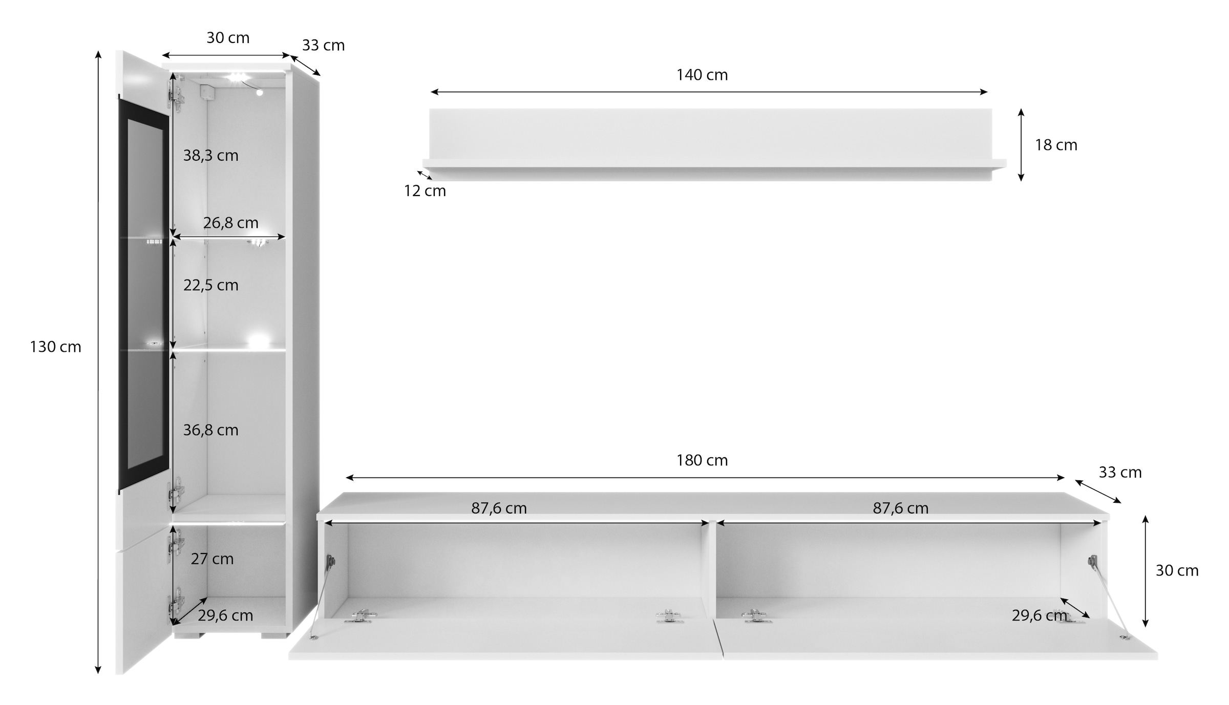 INOSIGN Wohnwand »VERA I«, (Komplett-Set, 3 St.), Mediawand 230 cm, Vitrine mit Verglasung, stehend und hängend