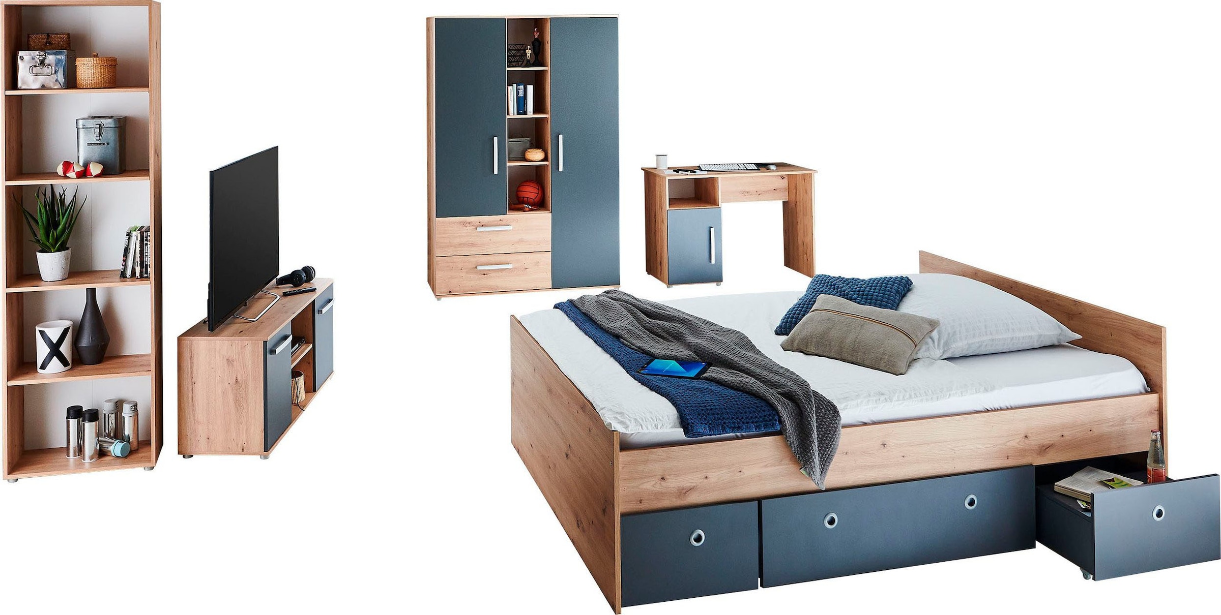 Jugendzimmer-Set »Alessio«, (Set, 6 tlg., Kleiderschrank, Bett mit Schubkasten,...