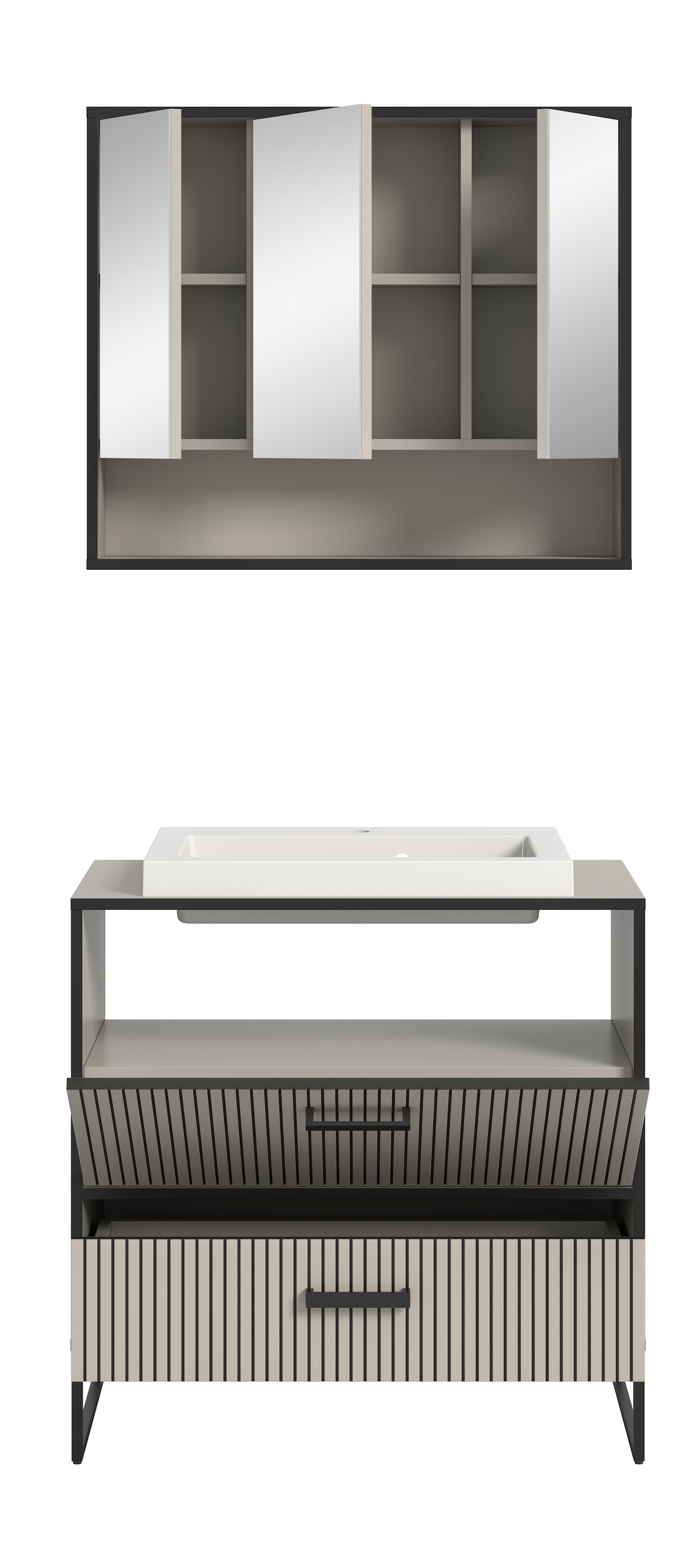 welltime Badmöbel-Set »Locri, Breite 80 cm, Rillenoptik, Metallkufen«, (2 St.), best. aus: Spiegelschrank, Waschtisch