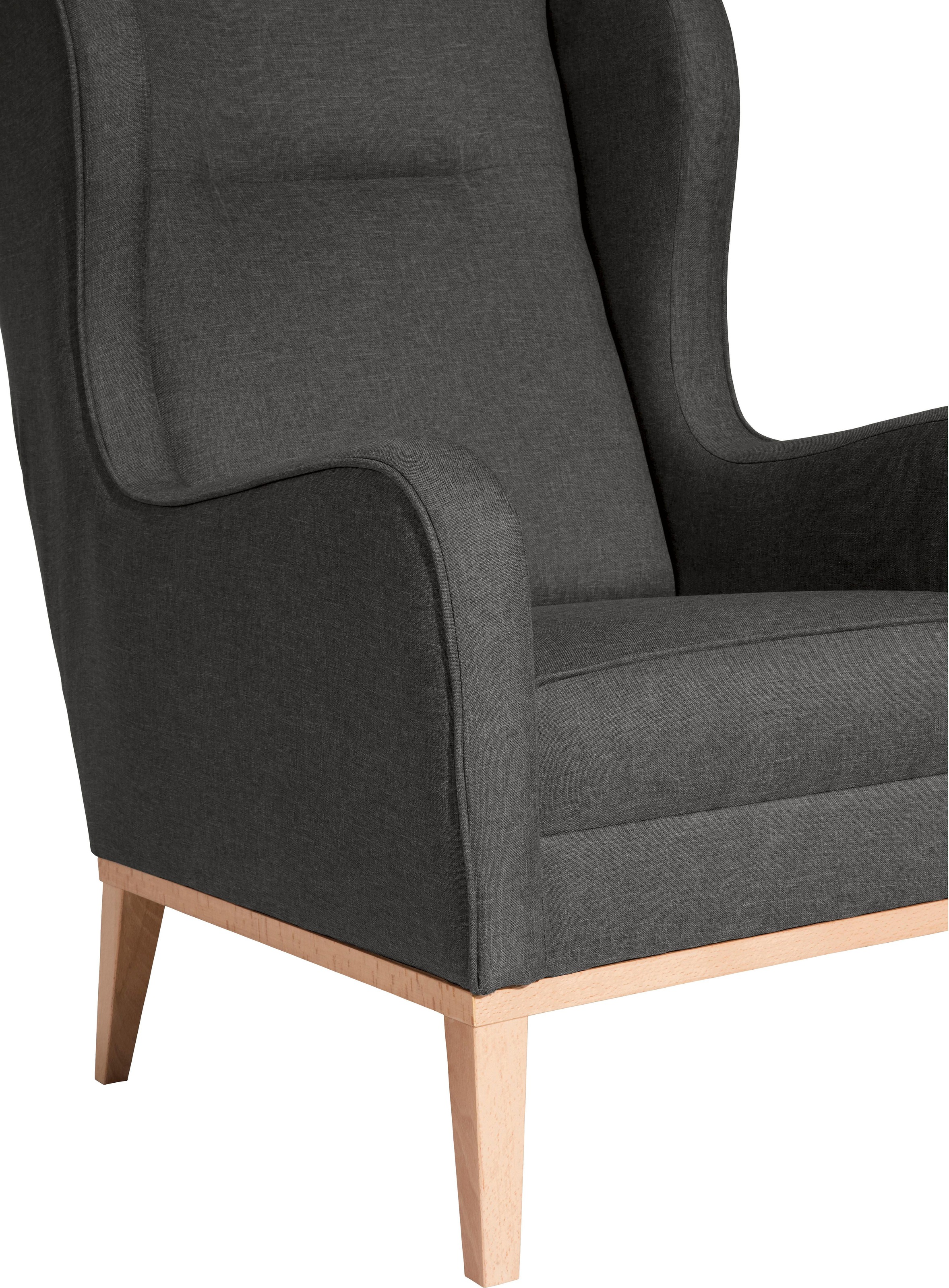 Max Winzer® Ohrensessel »Anthony eleganter Hochlehner, Designsessel, bequem und komfortabel«, mit umlaufendem Holzsockel & Kedernaht, Solitärmöbel mit hohem Holzfuß