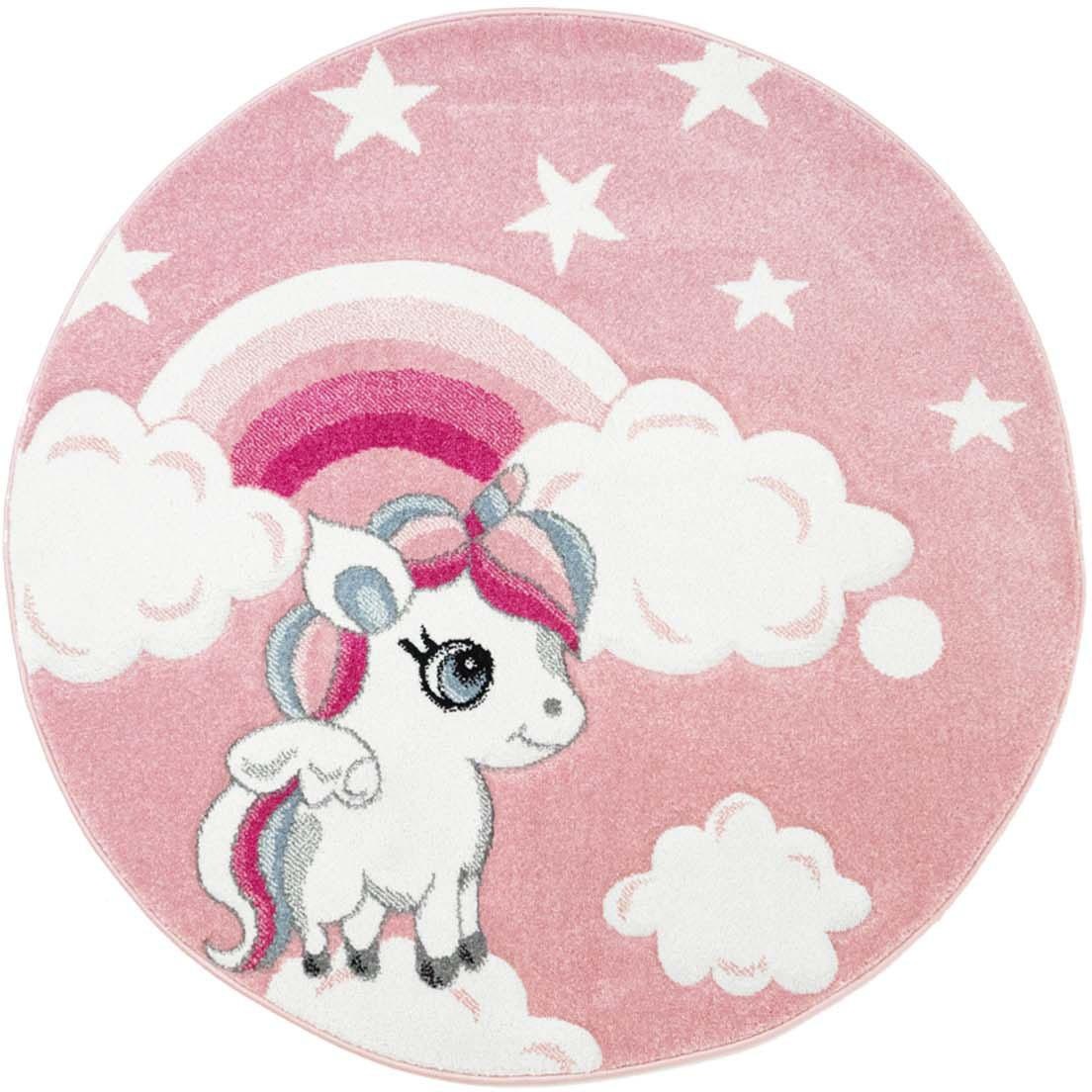 Carpet City Kinderteppich »Bueno Kids 1450«, rund, 13 mm Höhe, Einhorn, handgearbeiteter Konturenschnitt