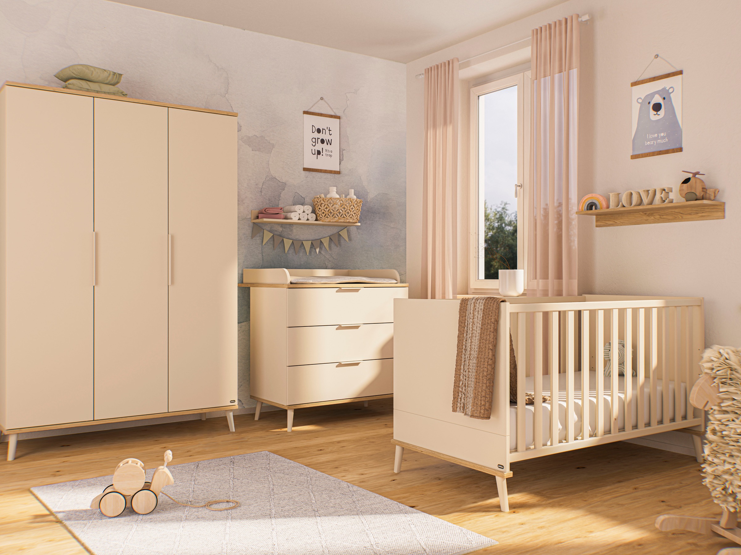 YUNY by PAIDI Babymöbel-Set »HAZEL, 3-teiliges Babyzimmer in Beige, modernes Komplettset« Spar-Set, 70x140cm Babybett, Kleiderschrank 3-türig, Wickelkommode inkl. Aufsatz, 3 tlg. Kinderzimmer, Soft-Close-Funktion, Mitwachsendes Bett inkl. Lattenrost