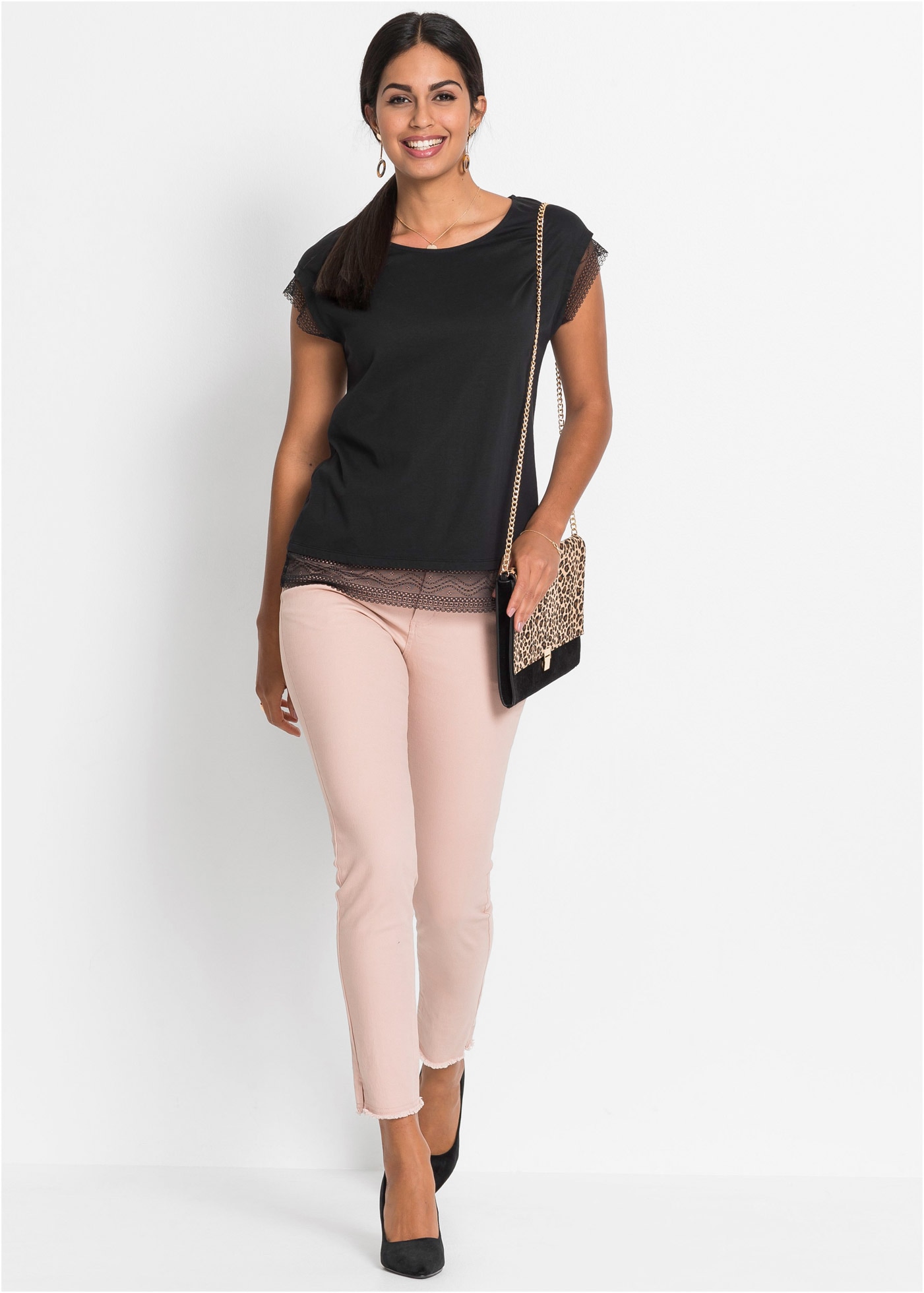 bonprix T-Shirt bequeme Passform, überschnittene Schultern, mit Spitzendetails