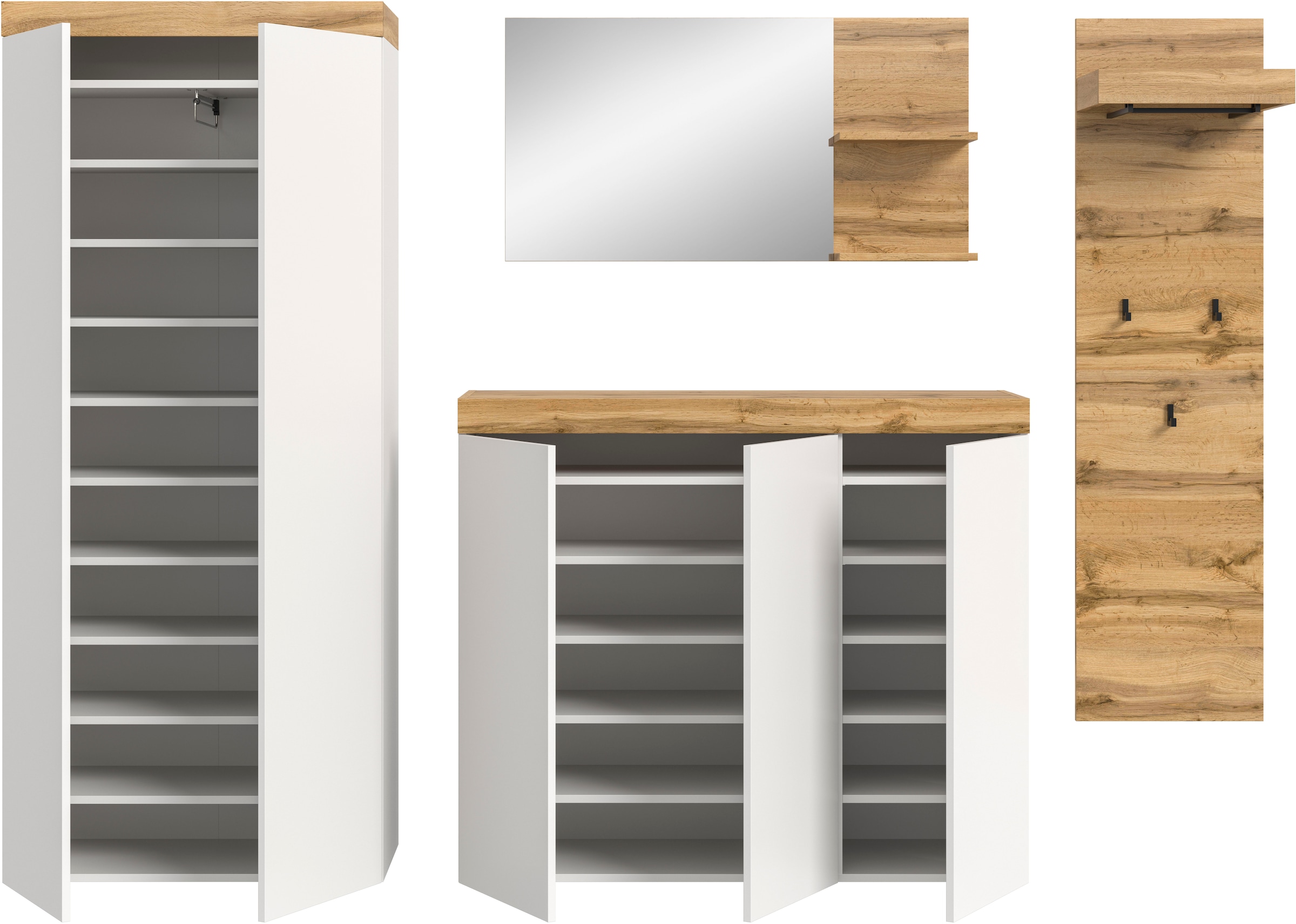 OTTO home Garderoben-Set »MAMBO, TOPSELLER!, 4-teilige Kombination, stehend & hängend montierbar« bestehend aus: Garderobenschrank, Kommode, Spiegel, Garderobenpaneel, 4 Stk. tlg.