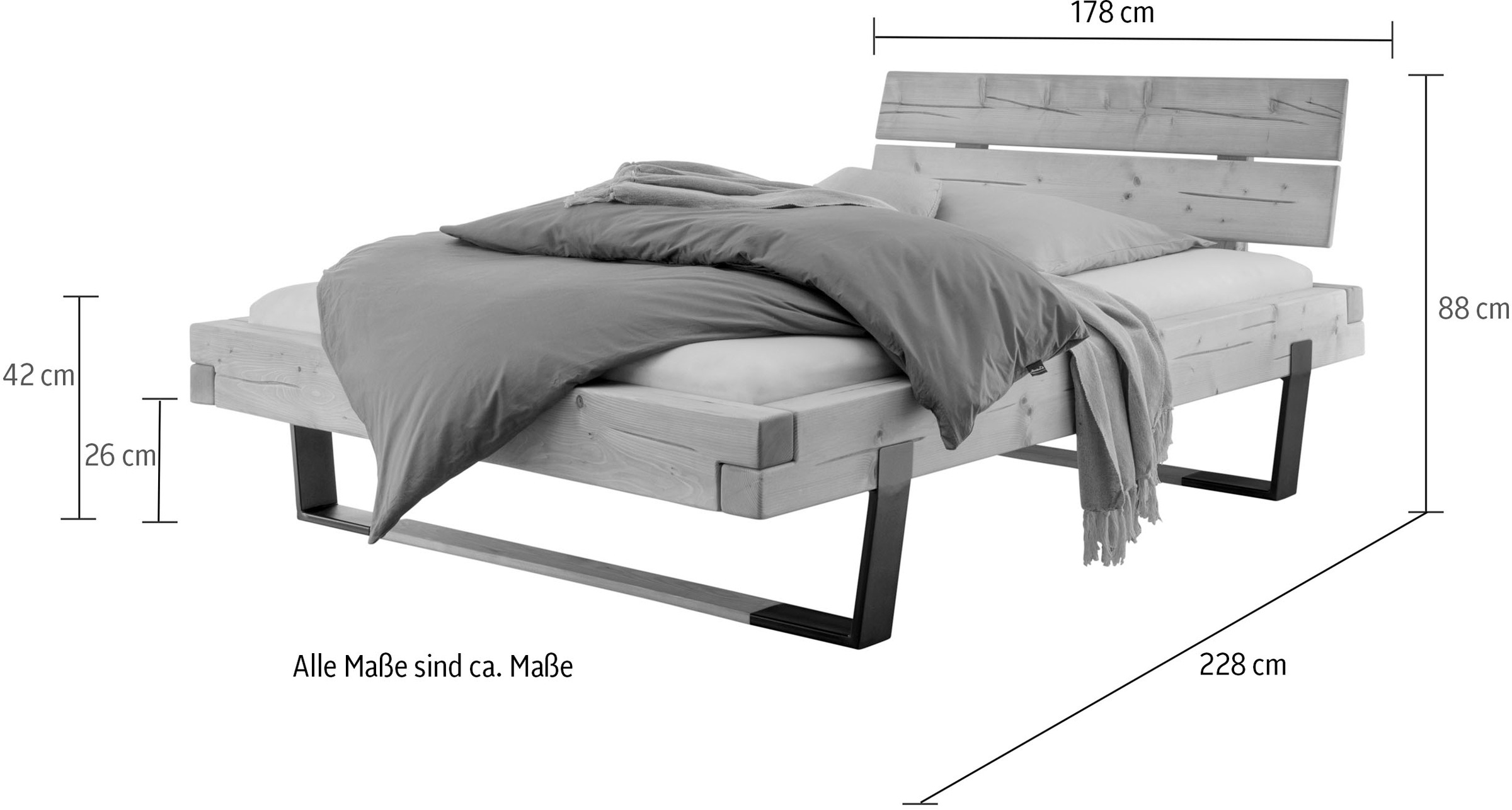 Home affaire Massivholzbett »Ultima Balkenbett Doppelbett, Füße Metallkufe mit Holzelement«, (hohe Belastbarkeit: 200kg je Seite), FSC®-zertifizierte Wildeiche oder Fichte, viele Breiten zur Auswahl