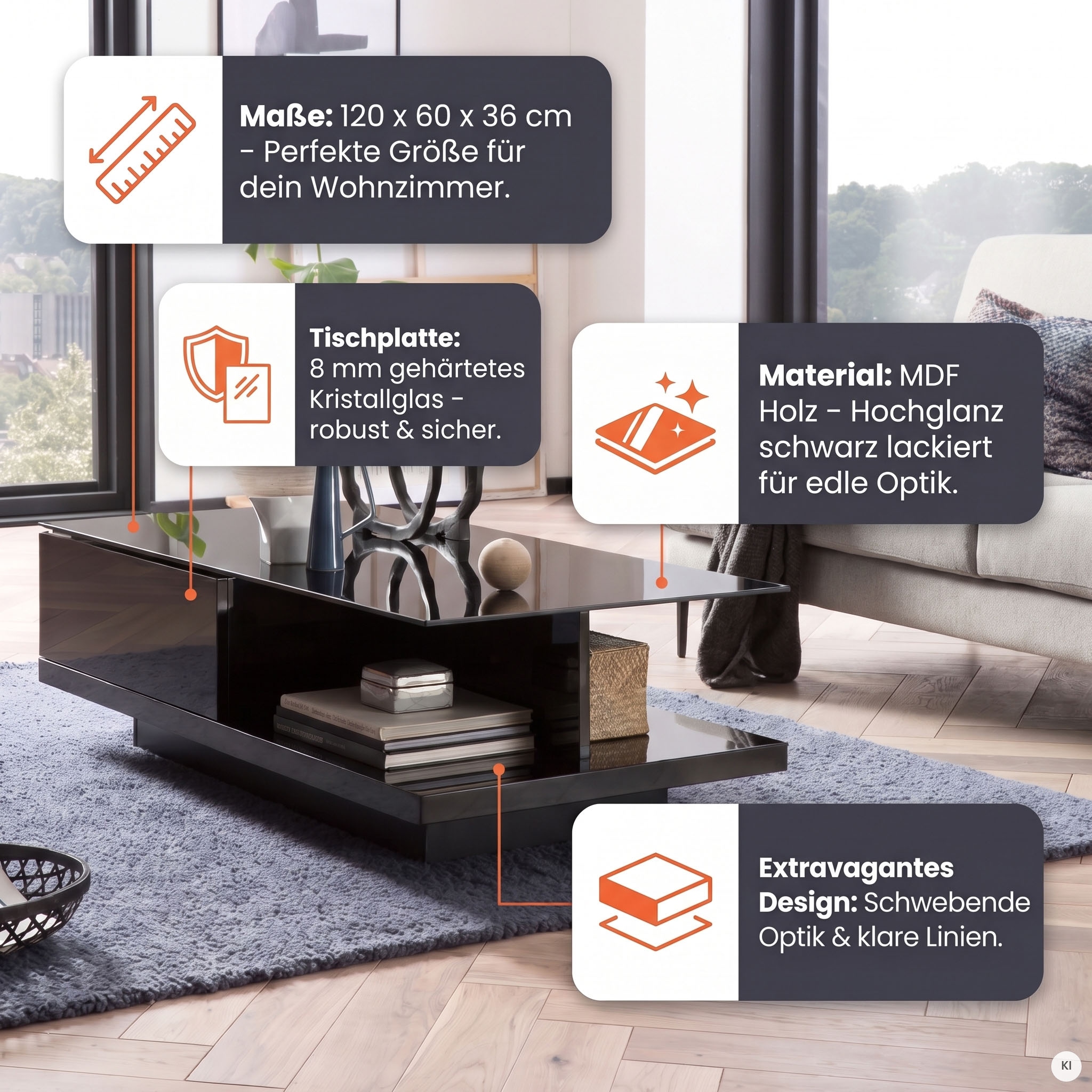 SalesFever Couchtisch »im minimalistischen Stil« Elegante Tischplatte aus robustem Kristallglas