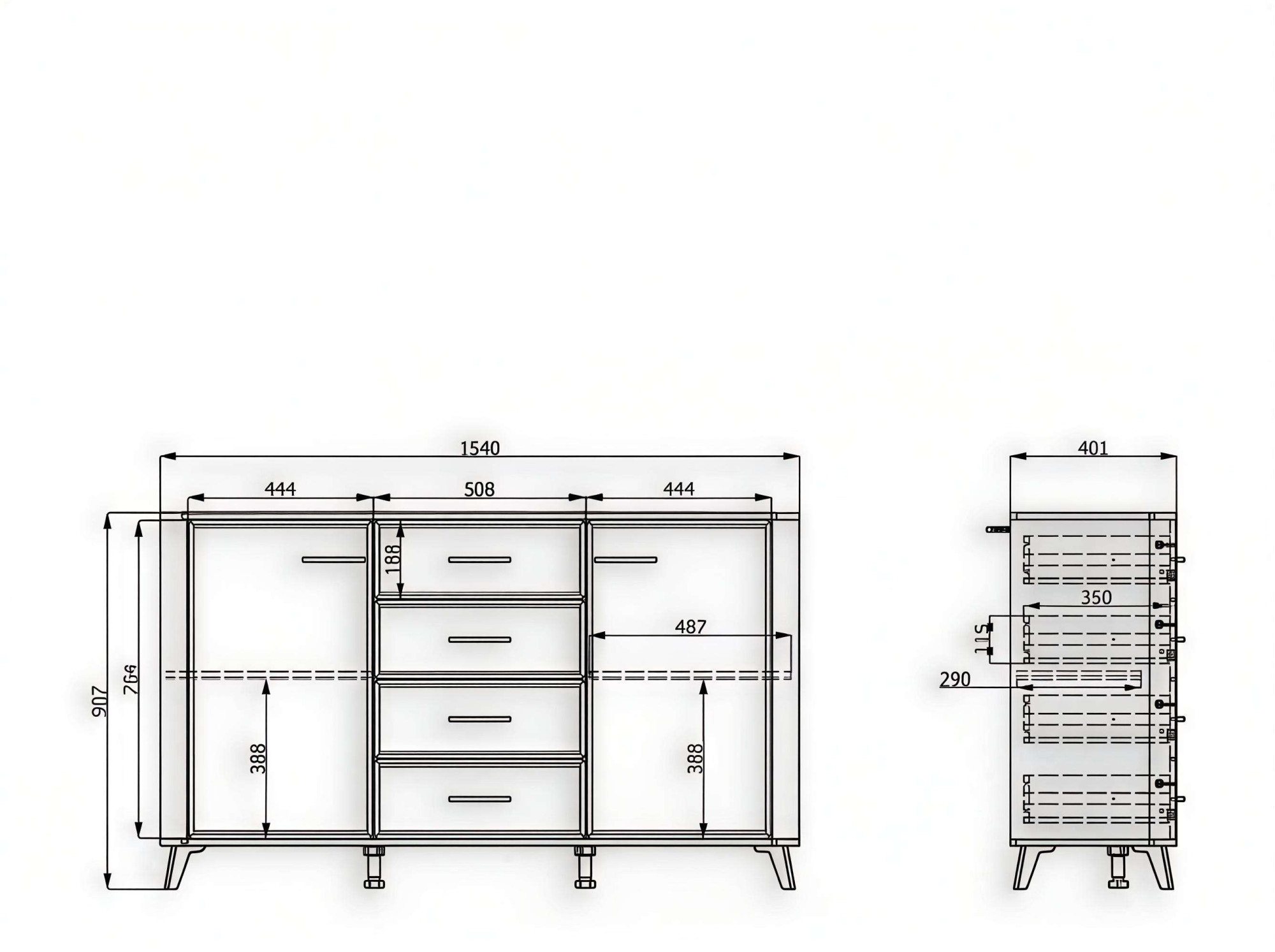 Home affaire Sideboard »Darwen Kombikommode, Sideboard, Schubladenkommode« Abgerundete Kanten, matte Kaschmir-Oberflächen, Gesamtmaße:154x40x90,5