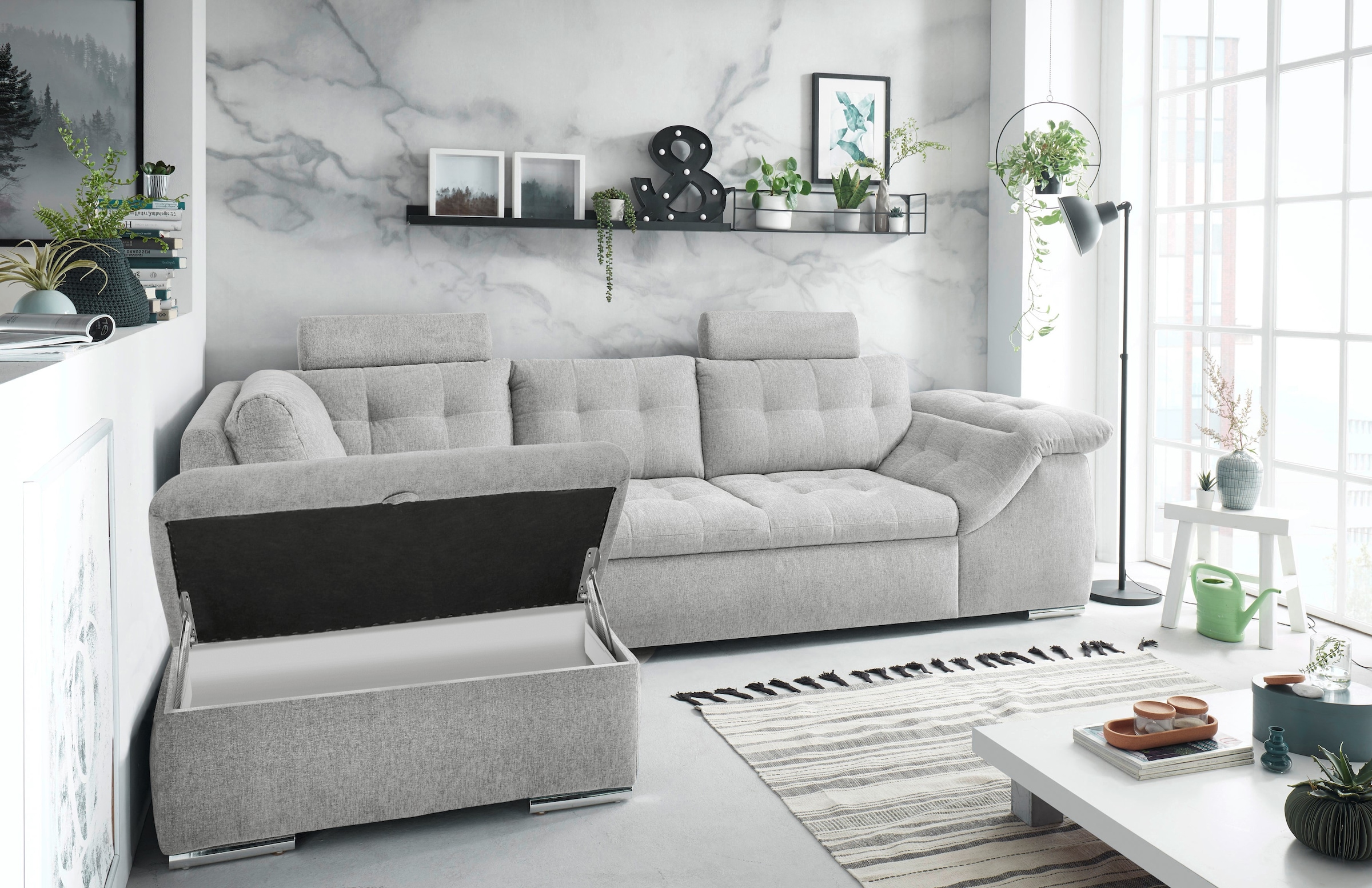 ED EXCITING DESIGN Ecksofa »Oman L-Form« mit Bettfunktion, Bettkasten, Armteilverstellung & Kopfstützen