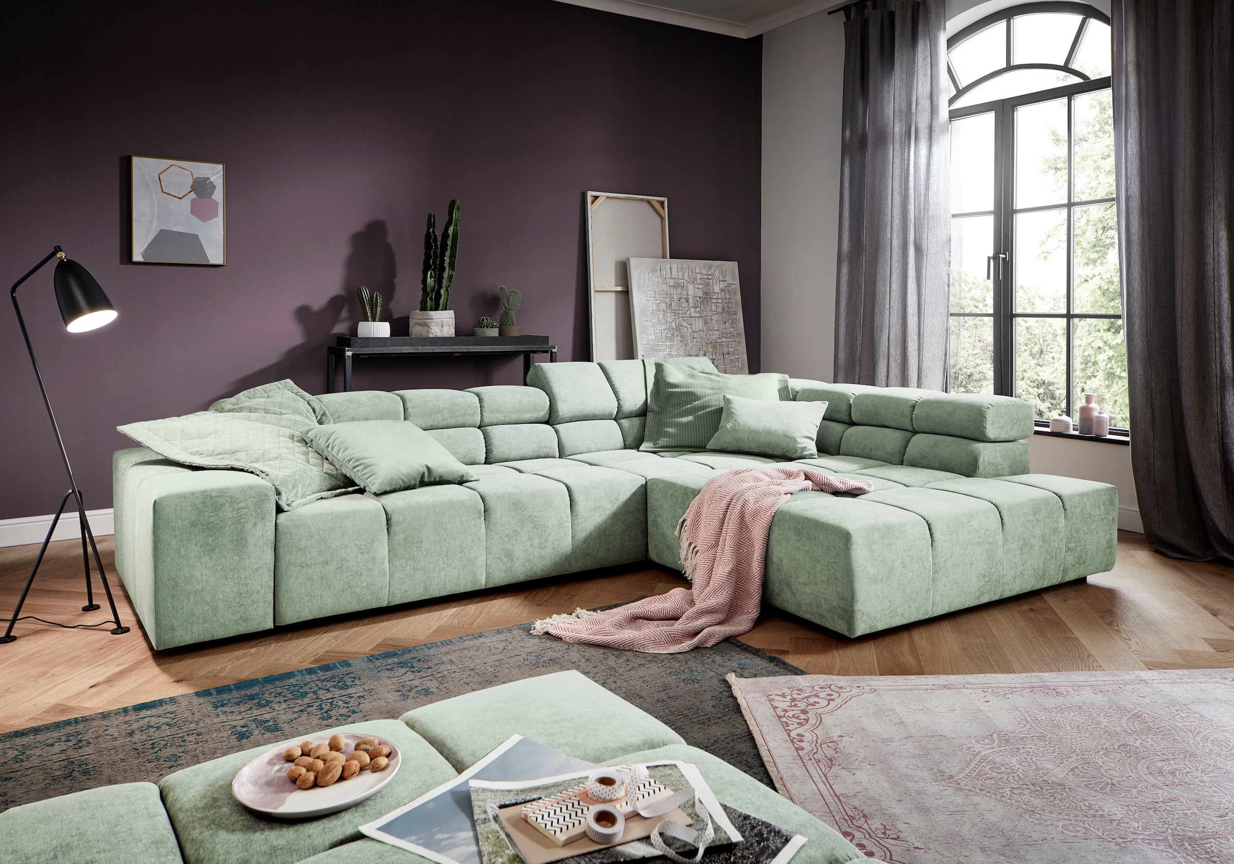 INOSIGN Ecksofa »Ancona incl. Kopfteilverstellung, Zierkissen Breite 319cm, L-Form«, wahlweise motorische Sitztiefenverstellung, auch in Cord + Easy Care