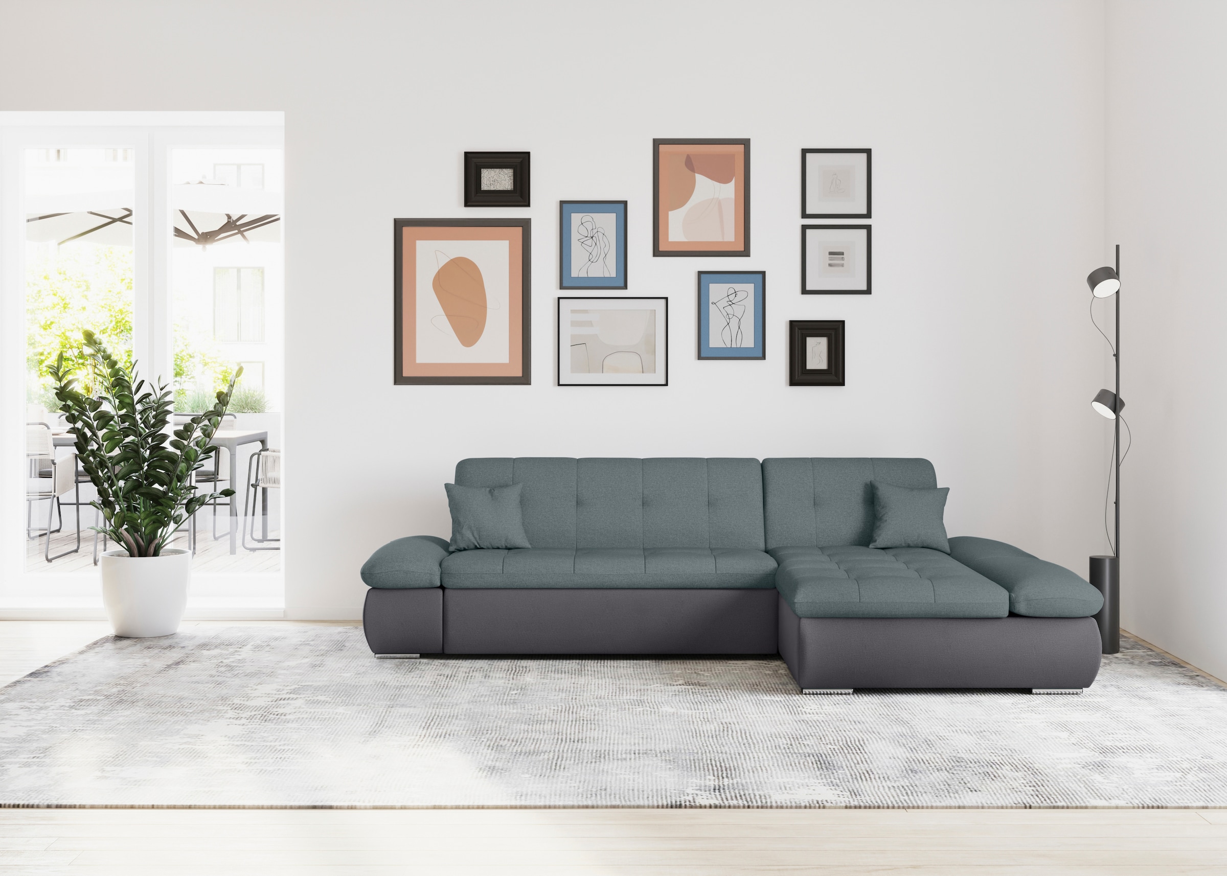 DOMO collection Ecksofa »Moric, L-Form, XXL-Sofa - Breite 300cm«, wahlweise mit Bettfunktion und Armteilverstellung, grau-eisblau
