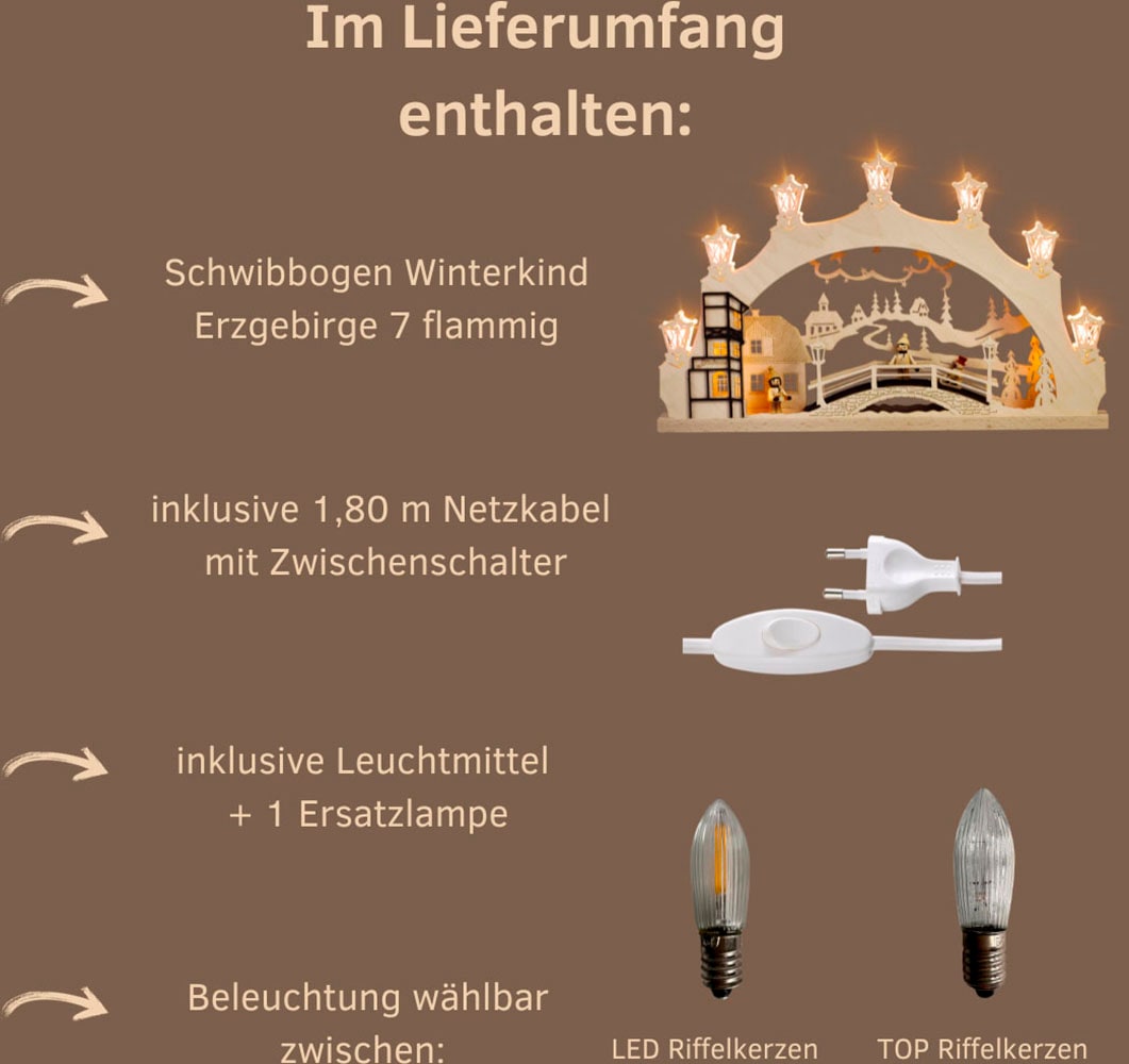 Weigla Lichterbogen »Winterkind Erzgebirge mit handgedrechselten Figuren, Schwibbogen«, Erzgebirge garantiert, Weihnachtsdeko Innen, Weihnachtsbeleuchtung
