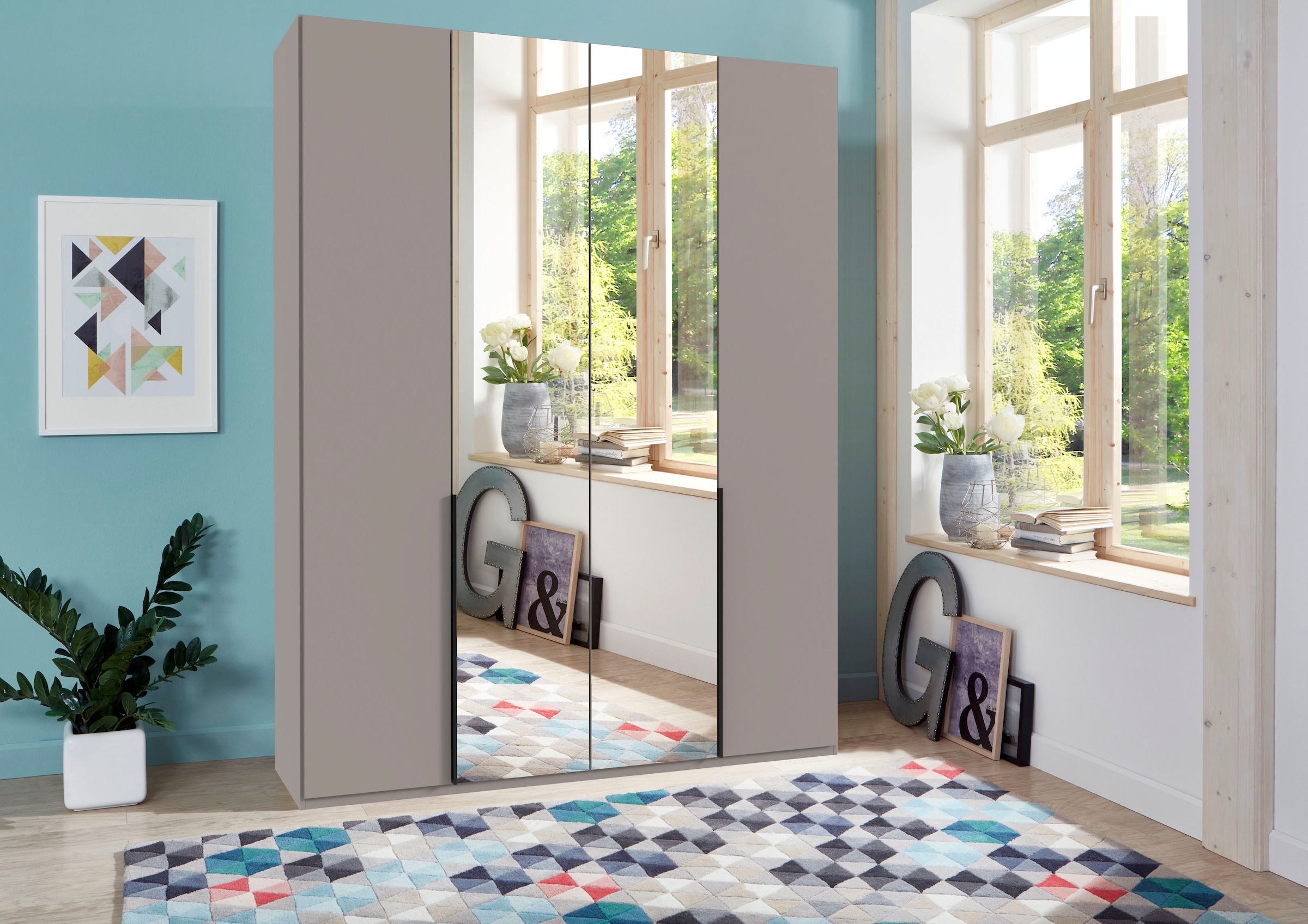 Wimex Kleiderschrank »Mugano, in 5 Breiten und 2 Höhen, Made in Germany«, (in Basic oder Premium Ausstattung mit 2 weiteren Einlegeböden), mit langen Griffstangen aus Metall, wahlweise mit oder ohne Spiegel