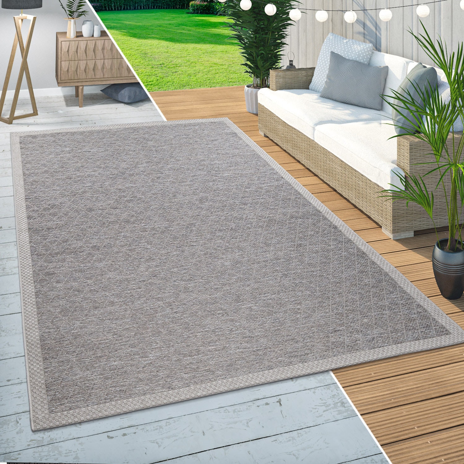 Paco Home Teppich »Vancouver 163«, rechteckig, 4 mm Höhe, Flachgewebe, Rauten Muster, meliert, Bordüre, Outdoor geeignet
