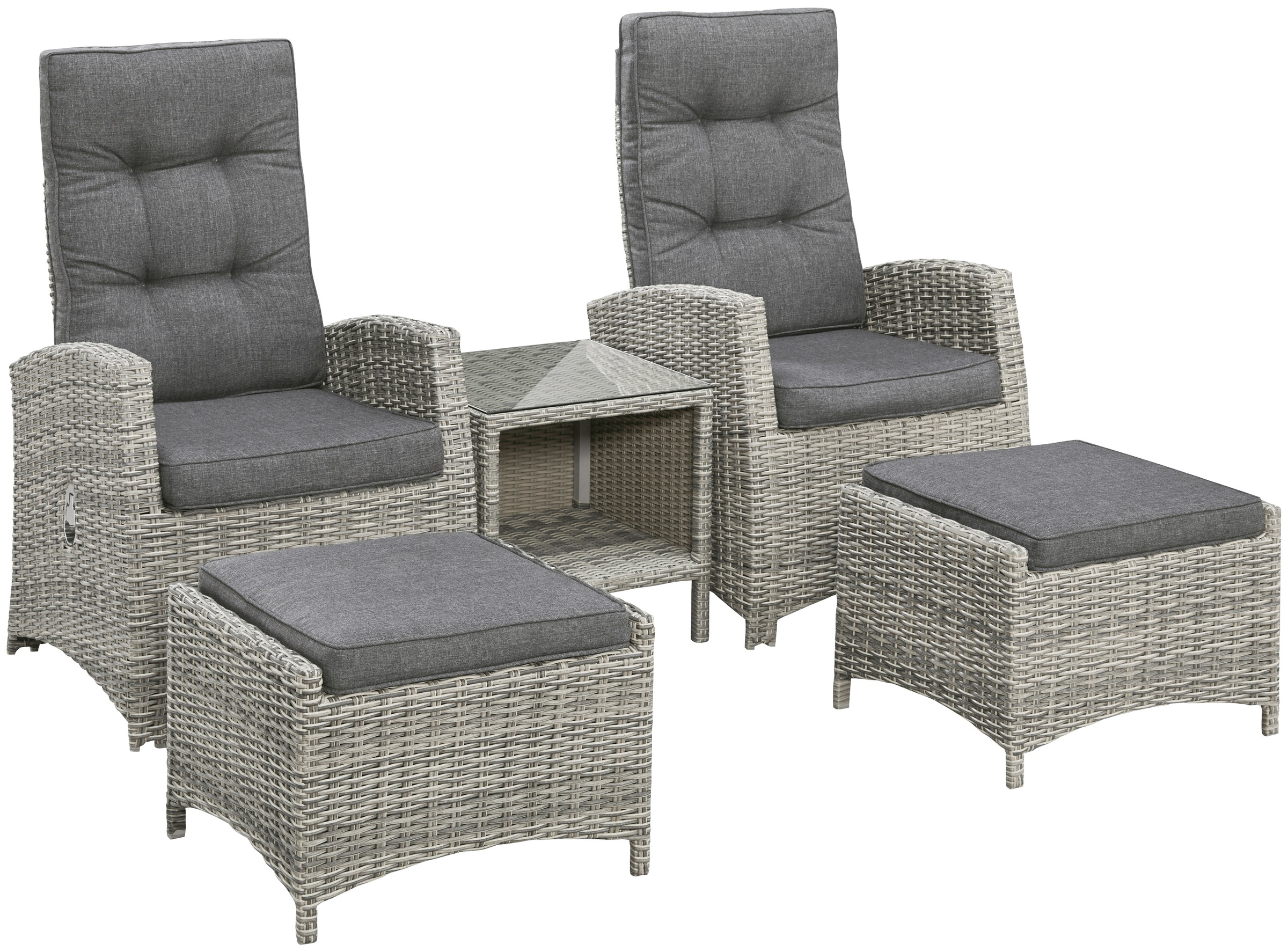 KONIFERA Balkonset »Monaco«, (Set, 11 tlg., 2x Sessel, 2x Hocker, 1x Tisch 49x49 cm, inkl. Auflagen, Aluminium), Polyrattan, Rückenlehnen stufenlos verstellbar