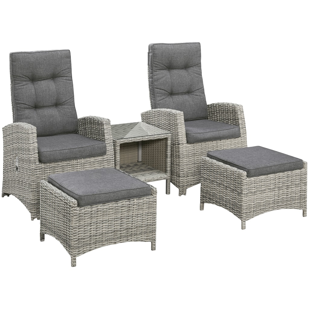 KONIFERA Balkonset »Monaco«, (Set, 11 tlg., 2x Sessel, 2x Hocker, 1x Tisch 49x49 cm, inkl. Auflagen, Aluminium), Polyrattan, Rückenlehnen stufenlos verstellbar