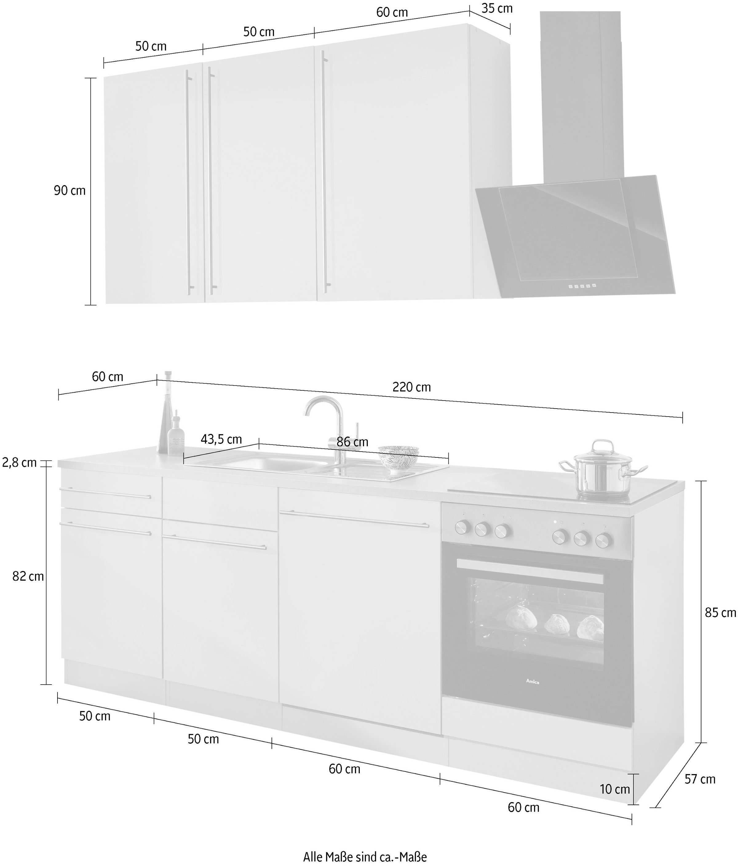 wiho Küchen Küchenzeile »Chicago«, ohne E-Geräte, Breite 220 cm