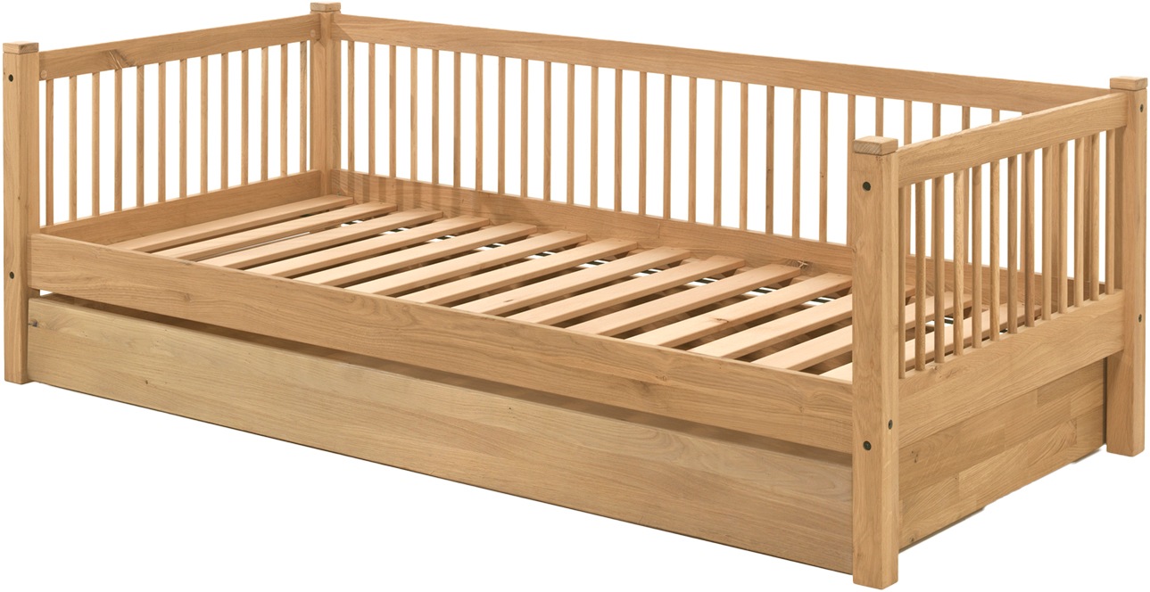 Home affaire Einzelbett »Forrest 90/200 aus massiver Eiche, Oberfläche geölt, stabil gebaut«, (B/H/T ca. 207,5x68x97,5cm, inkl. Massivholz Rolllattenrost), aus massiver Eiche geölt, LF 90x200 cm, wahlweise mit Bettschublade