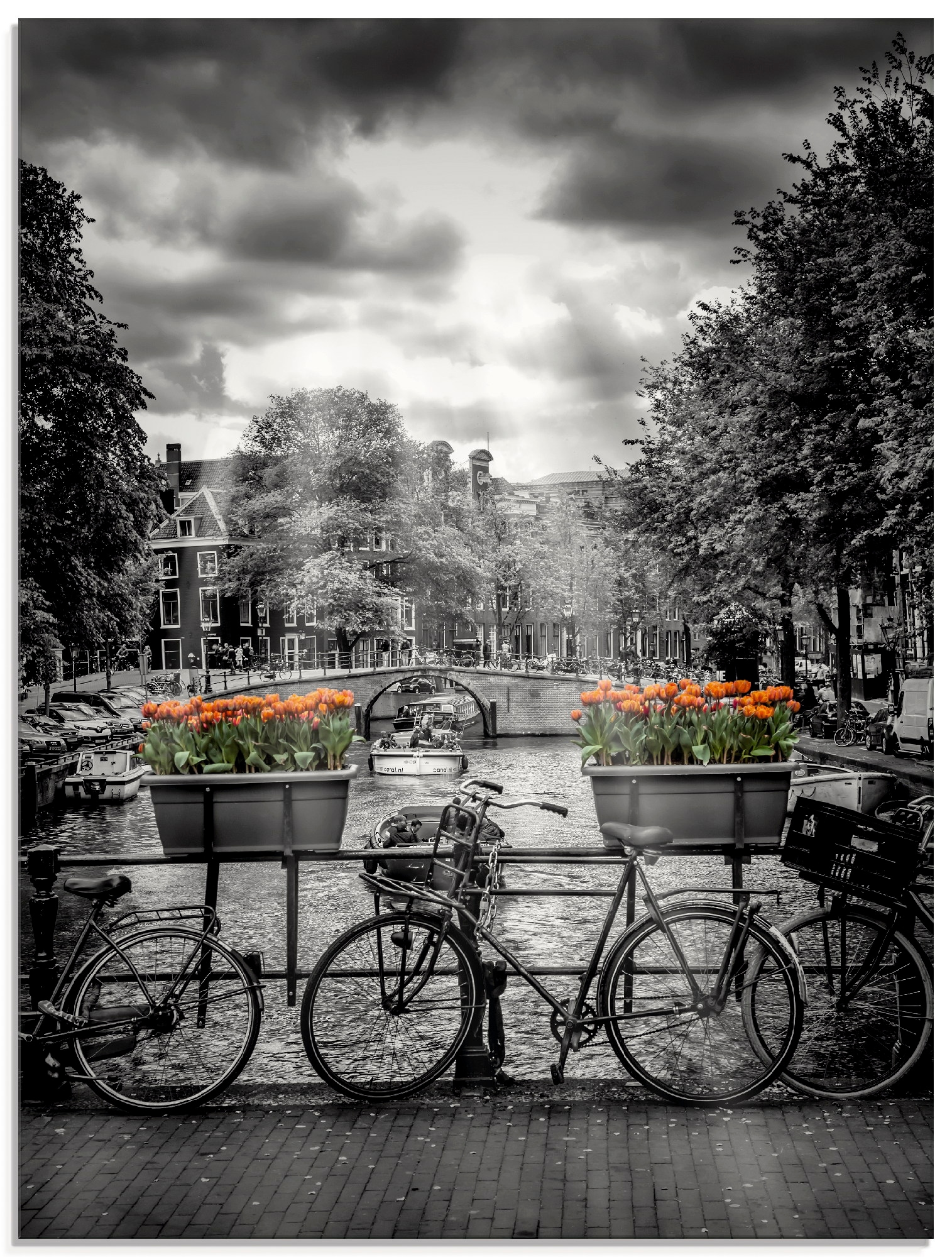 Glasbild »Amsterdam Herengracht & Sonnenstrahlen«, Fahrräder, (1 St.), in...