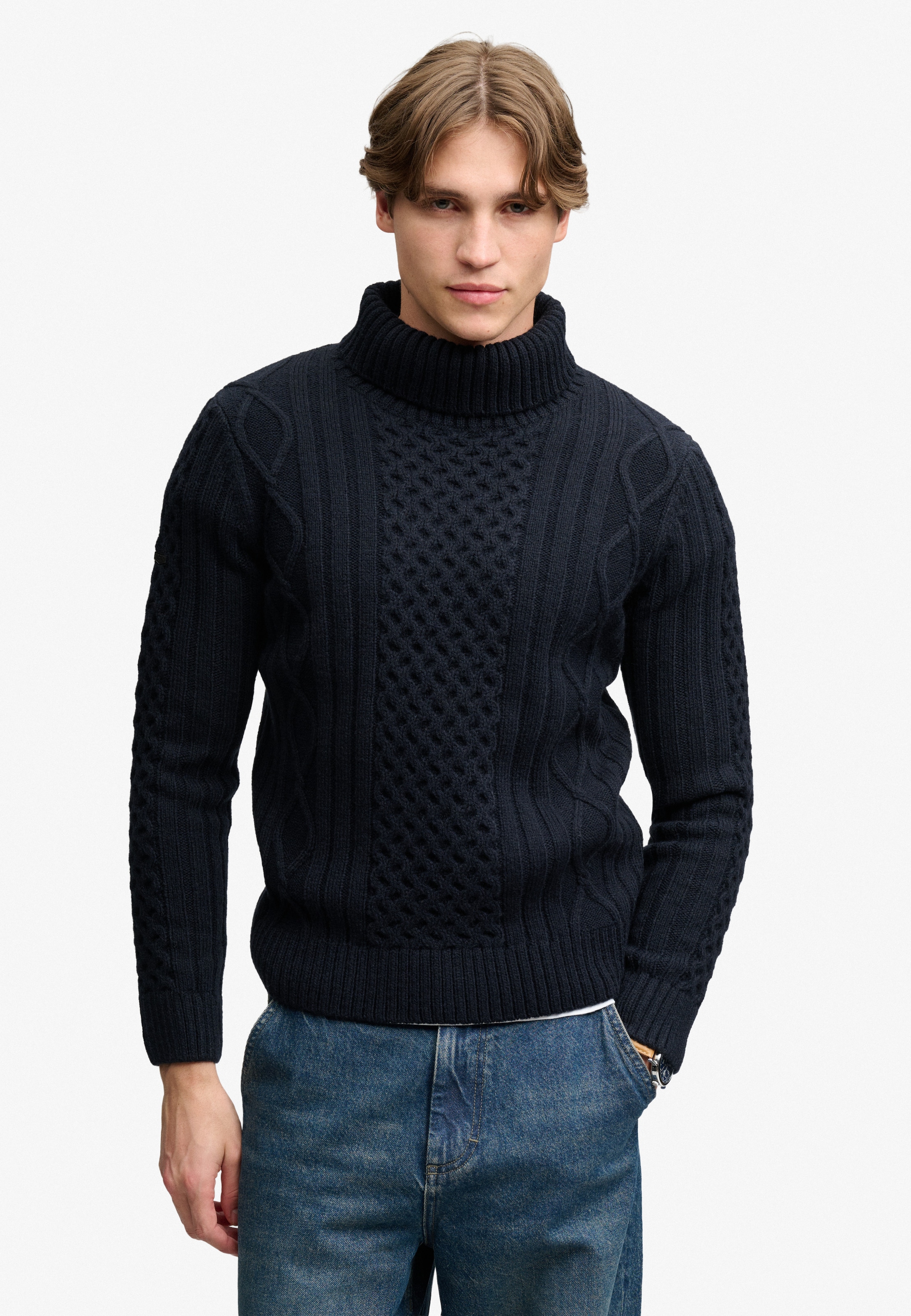 Superdry Rollkragenpullover »JACOB CABLE ROLL NECK JUMPER« Materialmix, relaxed fit