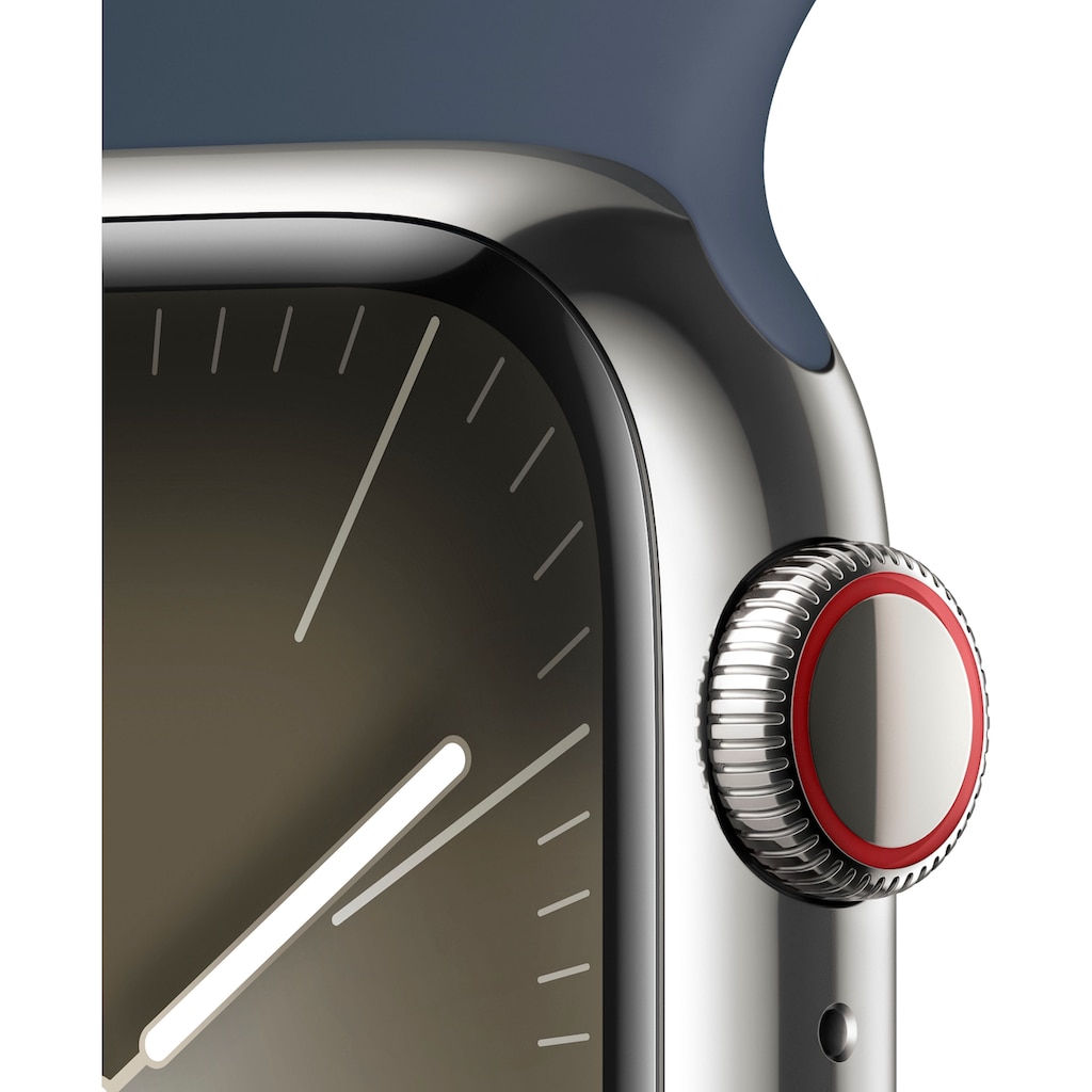 Apple Smartwatch »Watch Series 9 GPS + Cellular 41mm Edelstahl M/L«, (Watch OS 10 Sport Band)