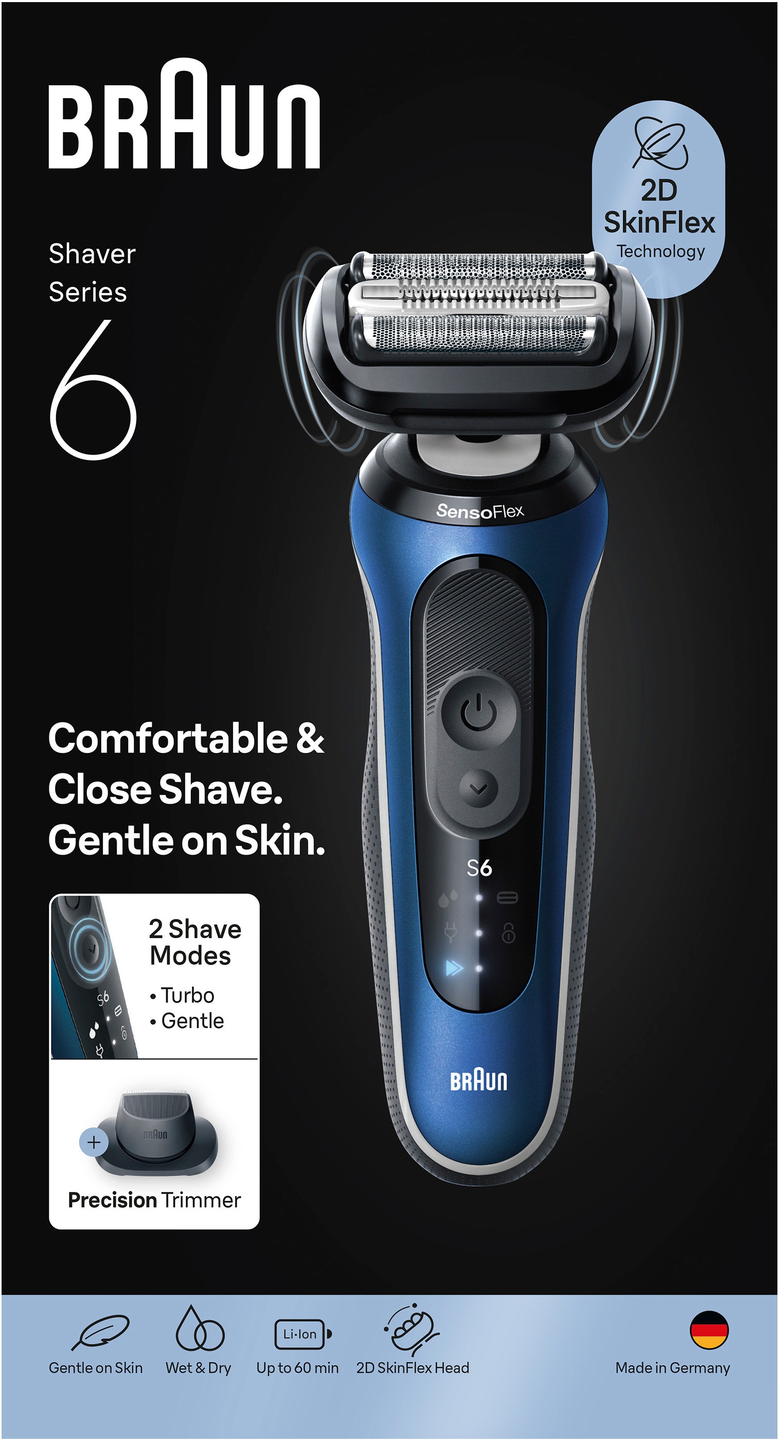 Braun Elektrorasierer »Series 6 62-B1200S« 1 Stk. Aufsätze 100% wasserdicht, Präzisionstrimmer-Aufsatz, bis zu 60 Min