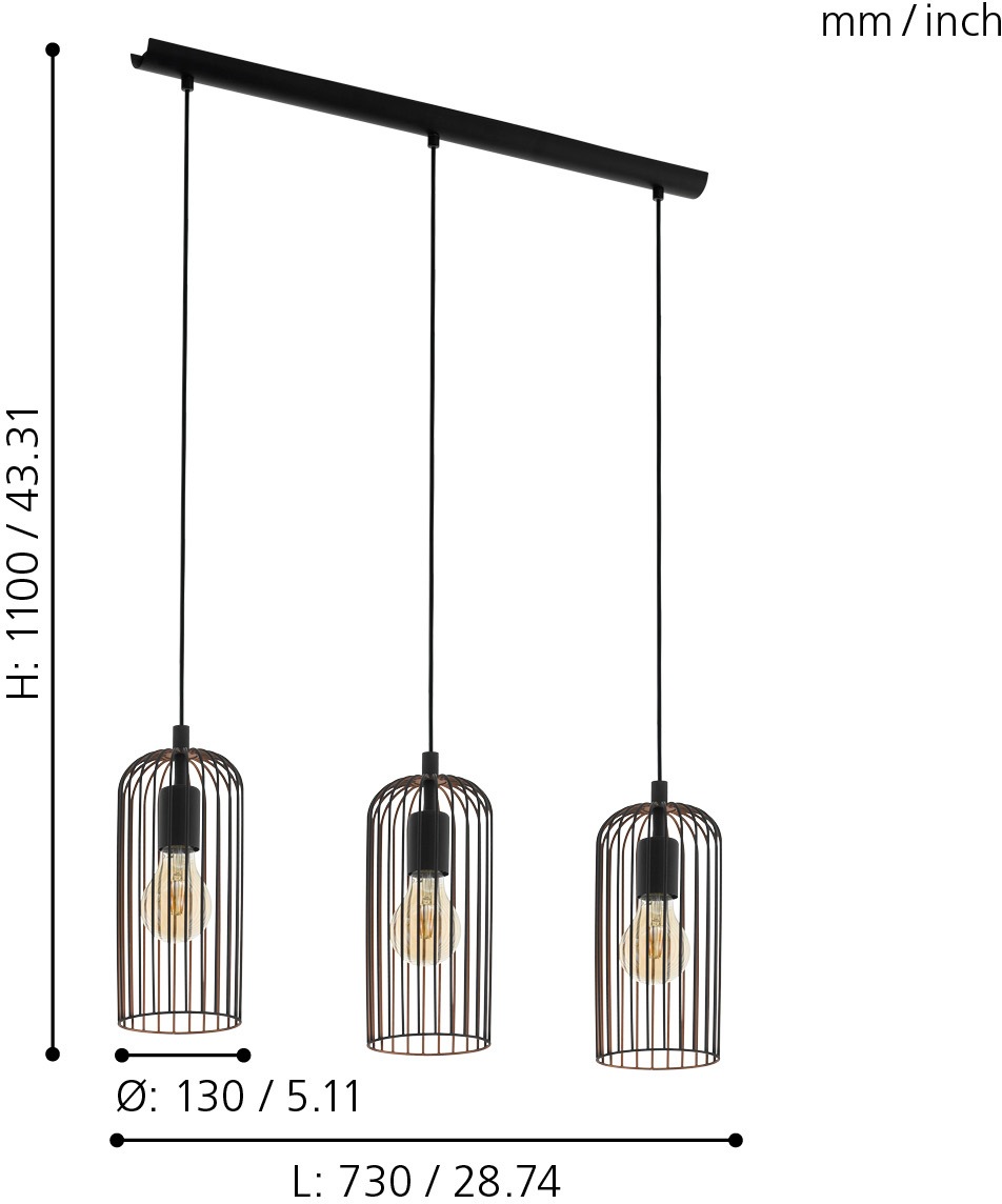 EGLO Hängeleuchte »ROCCAMENA Pendellampe, IP20, E27, Stahl, Vintage, Esstischlampe, Lampe«, 3 flammig, Leuchtmittel E27 | ohne Leuchtmittel, Hängeleuchte, L73 x B13 x H110 cm, schwarz, kupfer, 3X60W exkl.