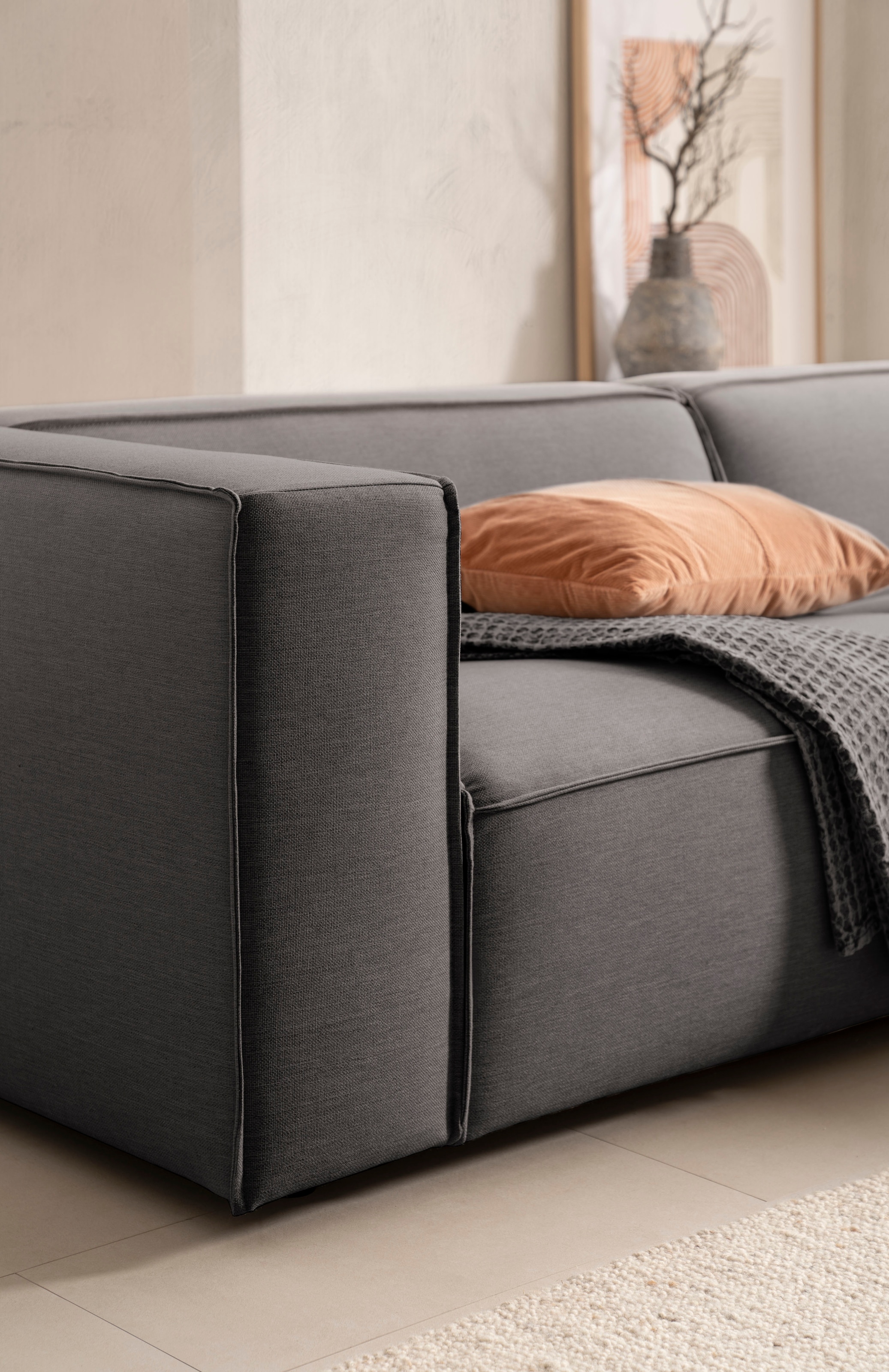 LeGer Home by Lena Gercke Ecksofa »PIARA mit Kedernaht in Cord oder Leinenoptik, moderne Couch in L-Form«, wahlweise Ottomane rechts/links, schwarze Füße, bequemer Sitzkomfort