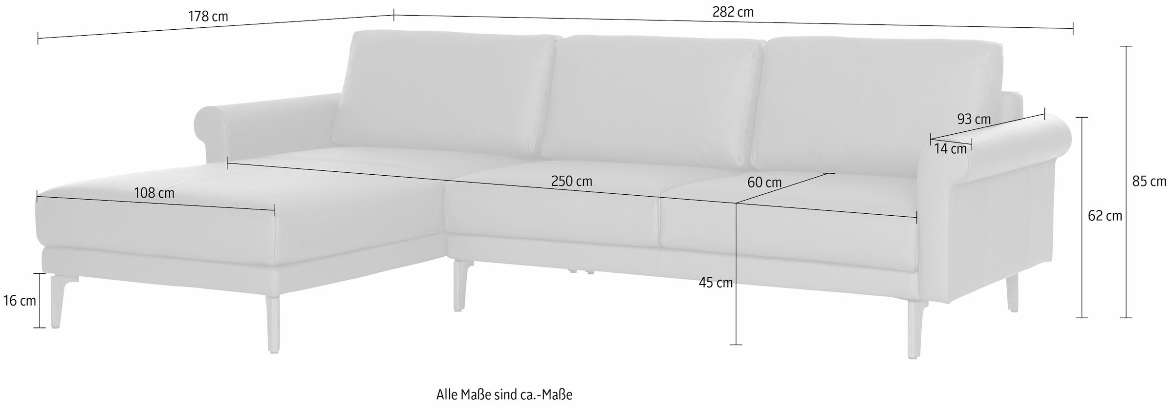hülsta sofa Ecksofa »hs.450«, Armlehne Schnecke modern Landhaus, Breite 282 cm, Fuß Nussbaum