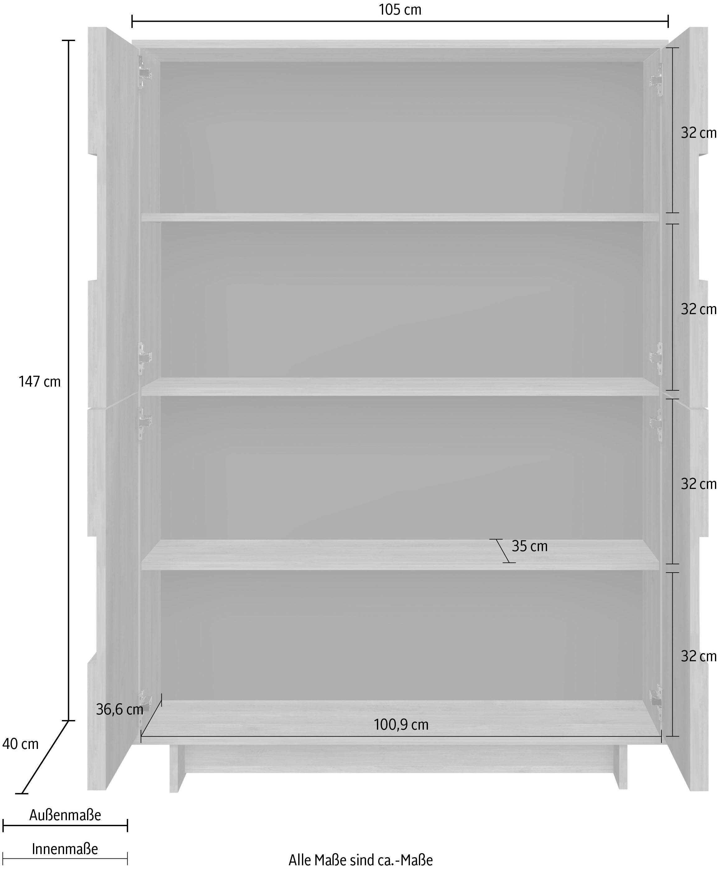 Home affaire Highboard »Zen, B/H 105/147 cm, 4 Türen, Hochkommode, Stauraumschrank« Push-to-open, 3D-Fronten, Mercure-Holzstruktur, viel Stauraum