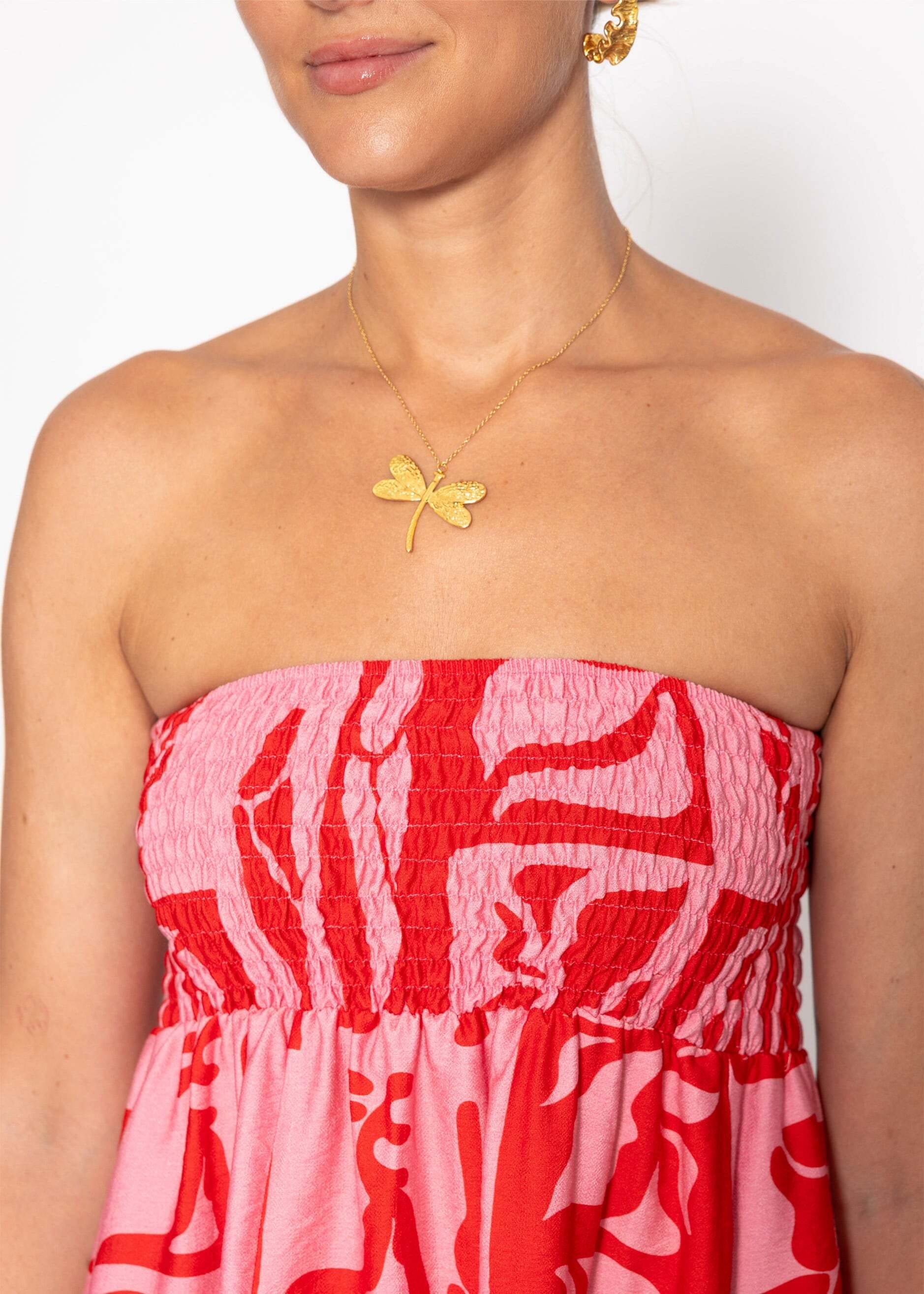 SASSYCLASSY T-Shirt »Bandeau Top mit Kunstprint« Gesmoktes Top mit locker fallendem Volant in fließender Passform